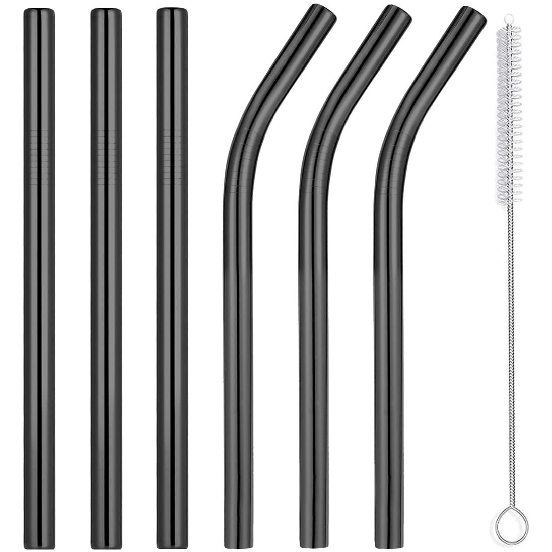 Vinaco Reusable Smoothie Straws & Milkshake Straws 0.4"" Wide Mouth Straw  Set Of 6 Stainless Steel Straws 8.5""&10.5"" With 1 Long Straw Cleaner Brush Black Metal Straws For Jumbo Thicker Drinks