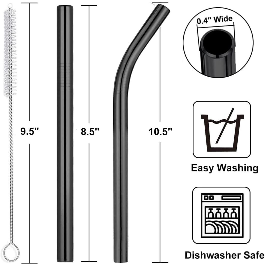 Vinaco Reusable Smoothie Straws & Milkshake Straws 0.4"" Wide Mouth Straw  Set Of 6 Stainless Steel Straws 8.5""&10.5"" With 1 Long Straw Cleaner Brush Black Metal Straws For Jumbo Thicker Drinks