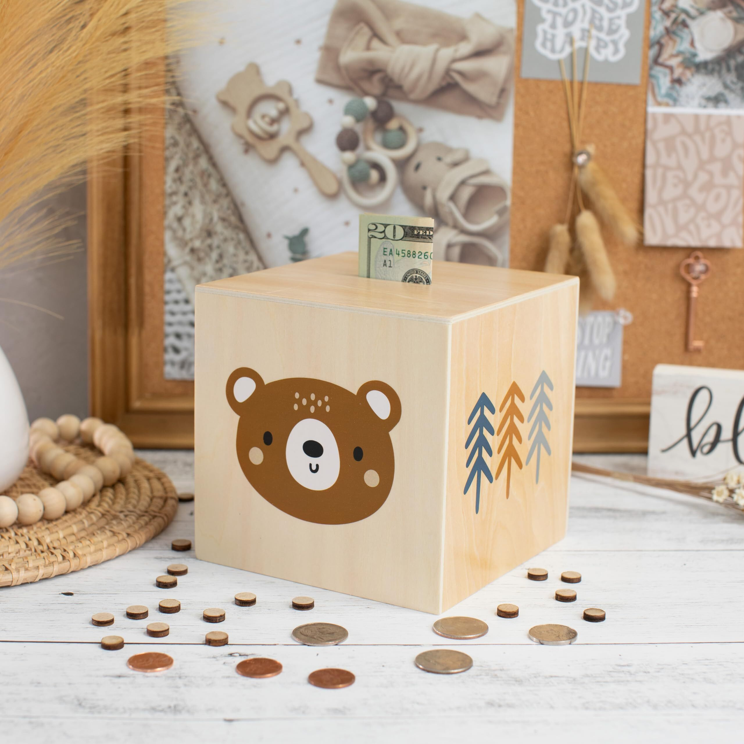 Wooden Piggy Bank For Kids - Beautifully Crafted Coin Bank Encourages To Start Saving Money Early - A Great Gift For Girls And Boys That Brightens Up Every Kids Bedroom