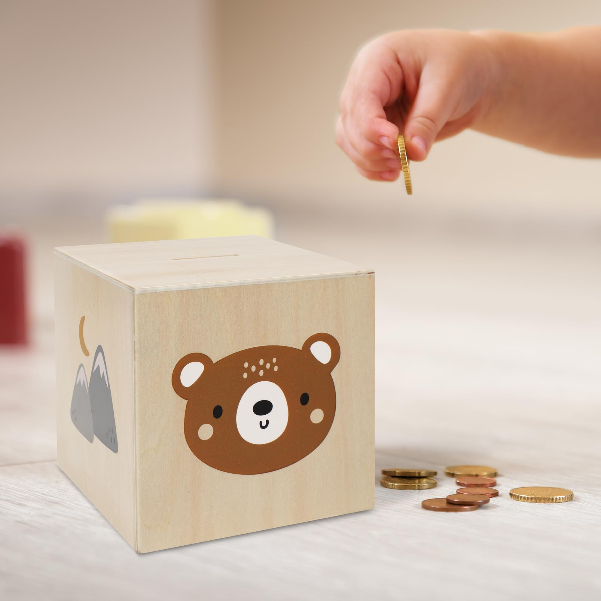 Wooden Piggy Bank For Kids - Beautifully Crafted Coin Bank Encourages To Start Saving Money Early - A Great Gift For Girls And Boys That Brightens Up Every Kids Bedroom