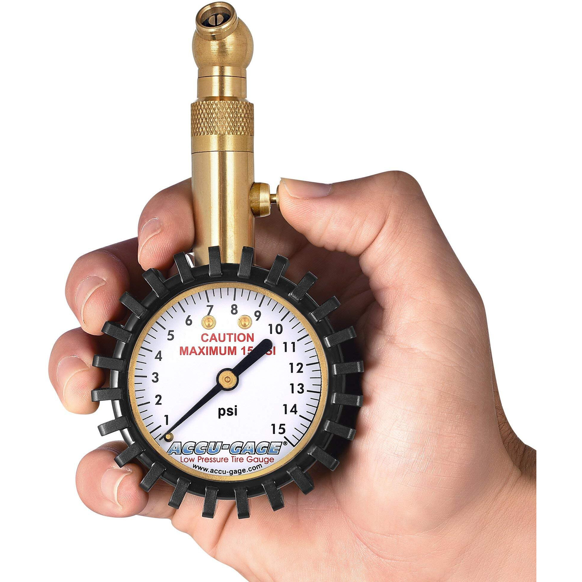 Accu-Gage Low Pressure Tire Gauge With Protective Rubber Guard  Angled Chuck  15Psi