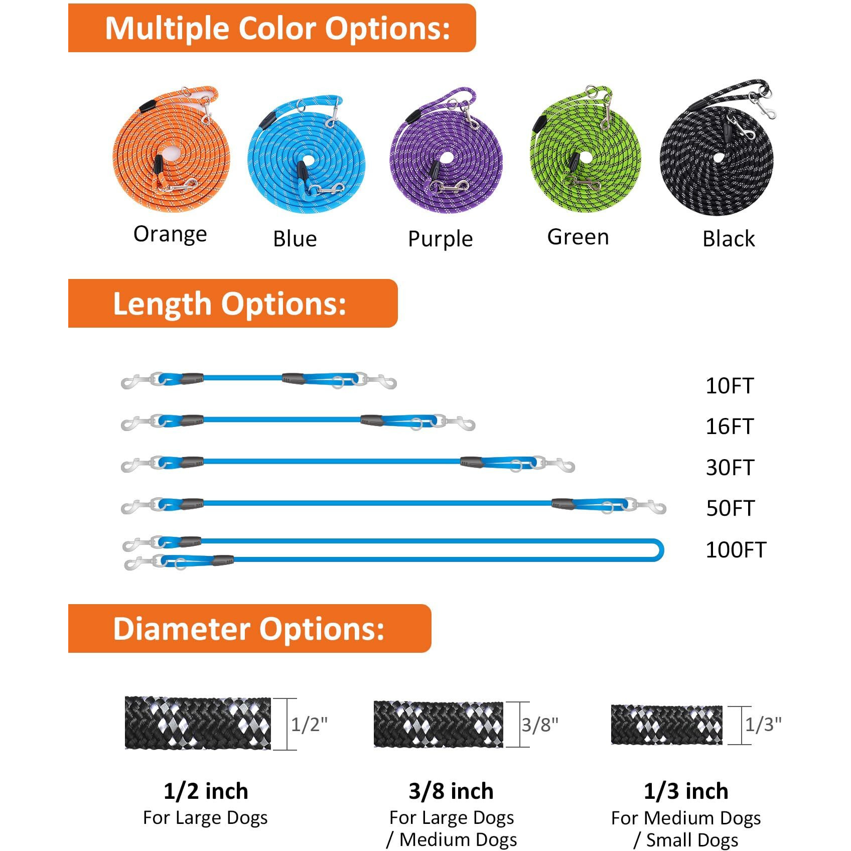 Long Dog Leash For Training - 10Ft/16Ft/30Ft/50Ft/100Ft  Reflective  Heavy Duty For Large  Medium  Small Dogs - Walking  Playing  Camping  Yard