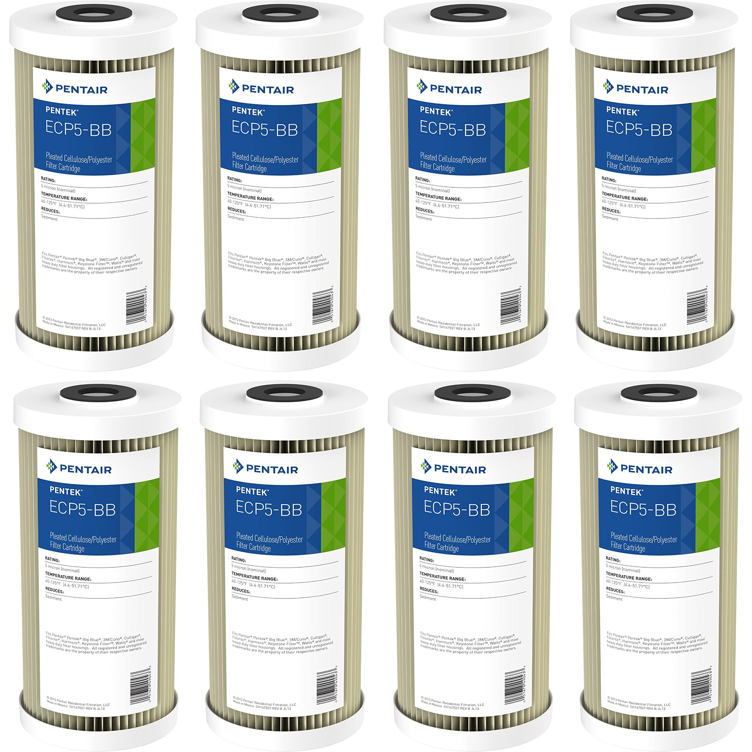 Pentair Pentek Ecp5-Bb Big Blue Sediment Water Filter  10-Inch  Whole House Heavy Duty Pleated Cellulose Polyester Replacement Cartridge  10"" X 4.5""  White End-Cap  5 Micron  Pack Of 8