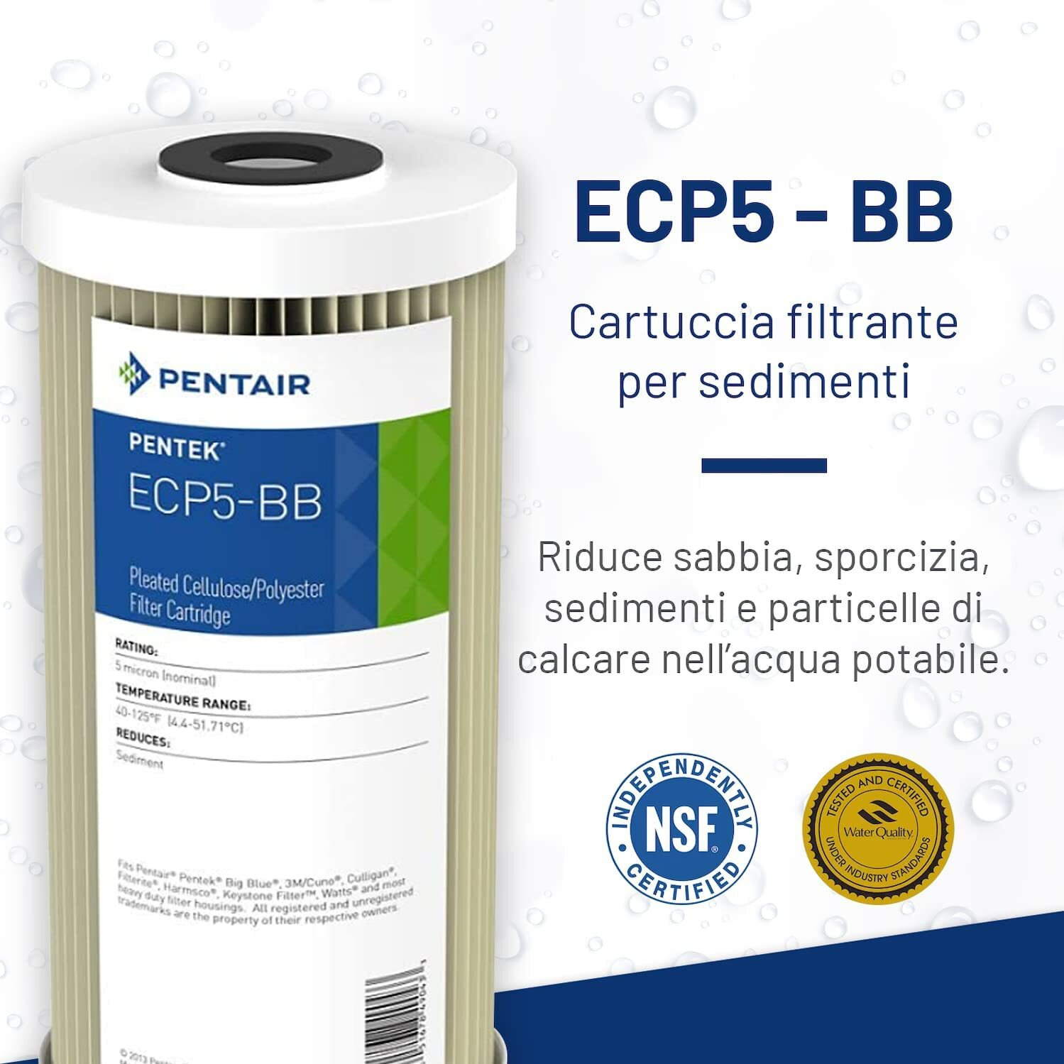 Pentair Pentek Ecp5-Bb Big Blue Sediment Water Filter  10-Inch  Whole House Heavy Duty Pleated Cellulose Polyester Replacement Cartridge  10"" X 4.5""  White End-Cap  5 Micron  Pack Of 8
