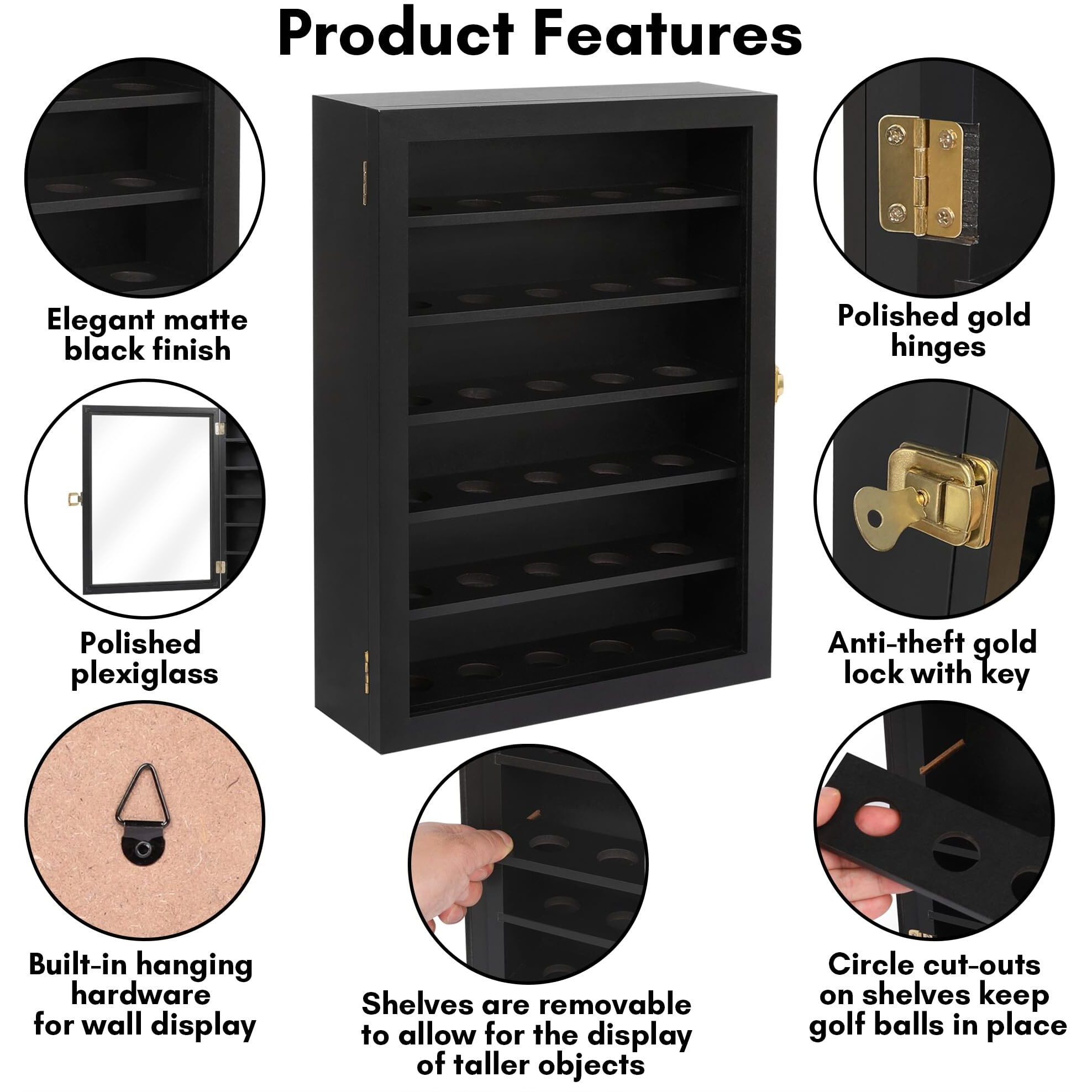 Americanflat Golf Ball Display Case In Black - Wall Display Case For 30 Treasured Golf Balls - Composite Wood With Glass Cover Golf Ball Holder - Hanging Hardware Included For Wall Or Shelf