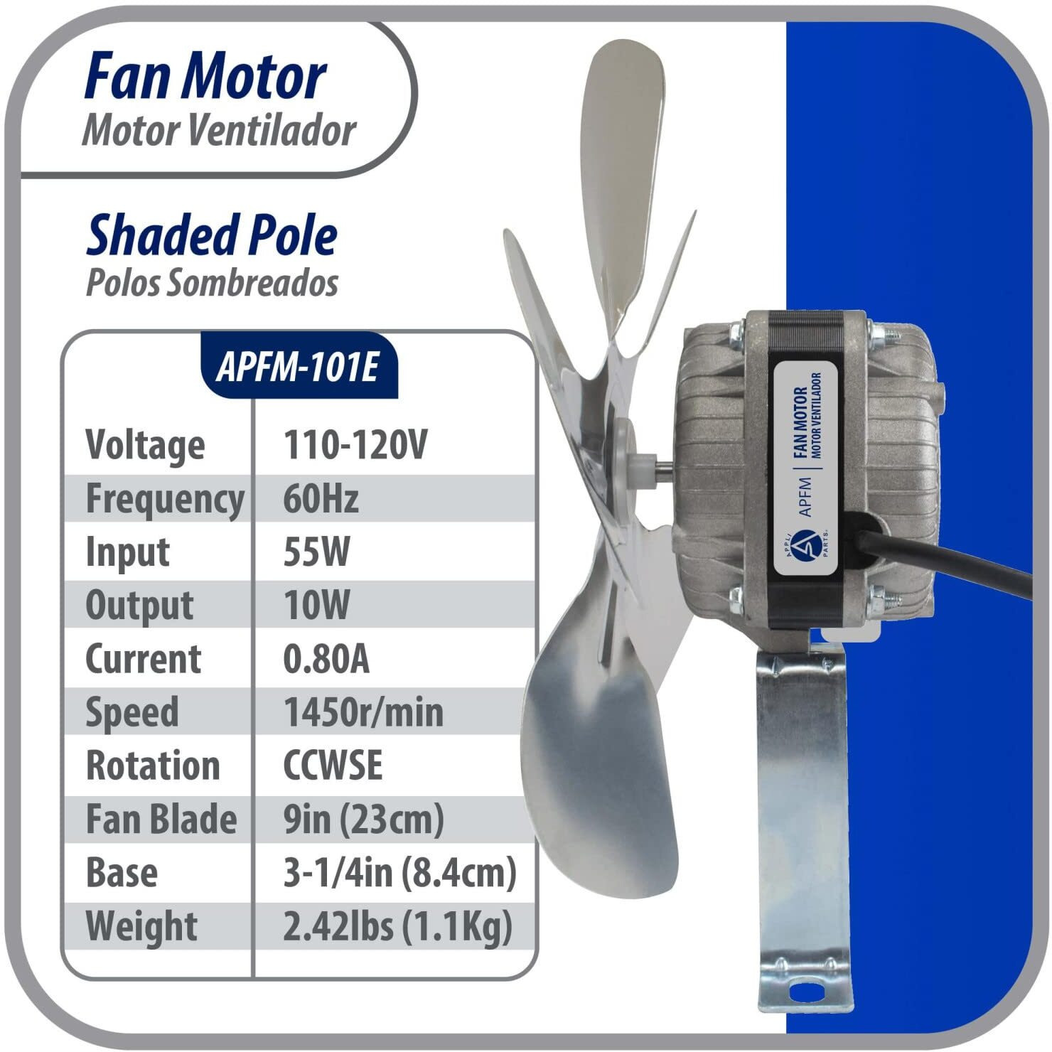 Appli Parts Apfm-101E 10W Refrigeration Condenser And Evaporator Motor 115V 60Hz 0.65A 1450Rpm Includes Base And 9In Aluminum Fan Blade Ccw Shaft End Universal Fit