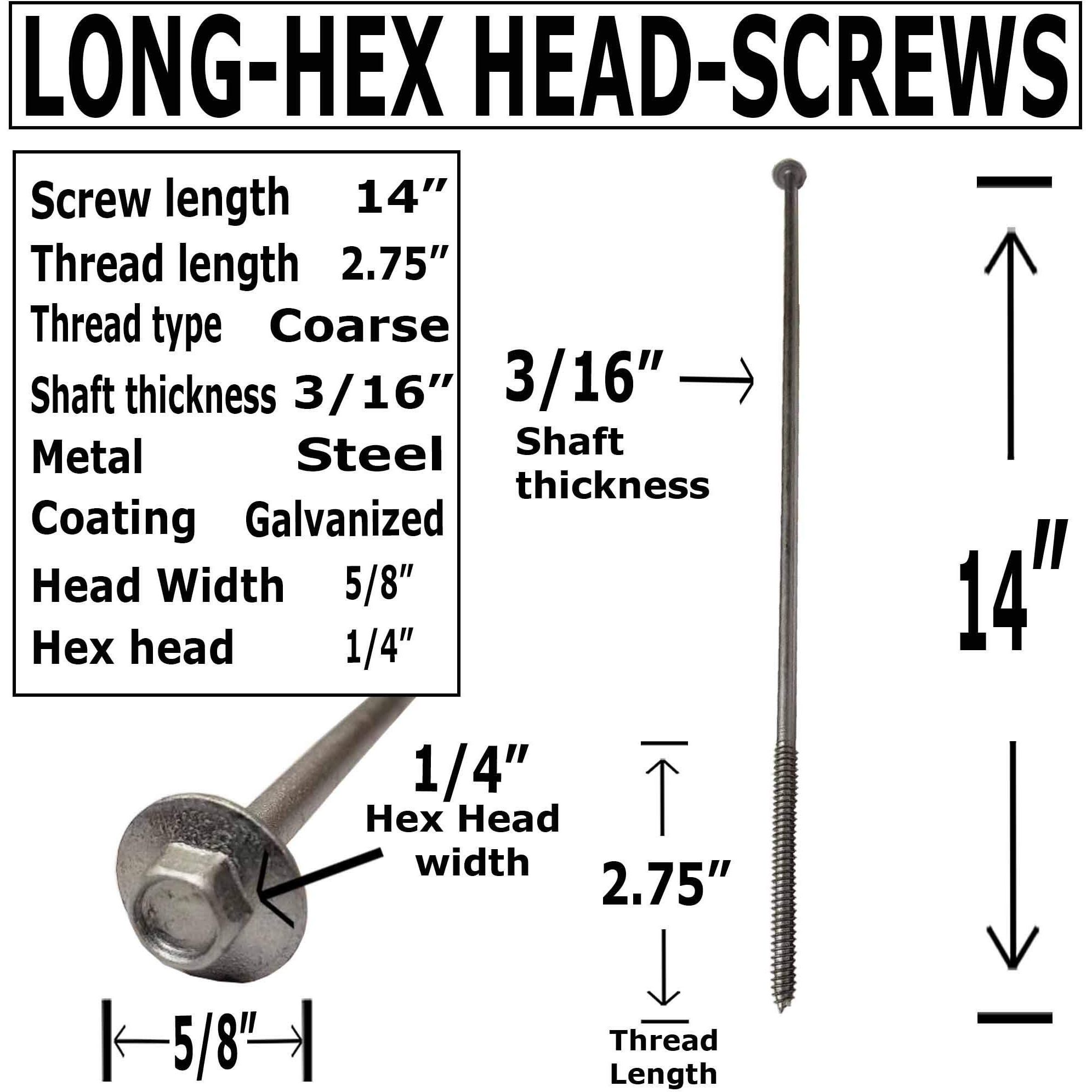 (10) 14"" - Galvanized Timber Tie - Hex Head Structural Screw - Great For Outdoor Landscape Use - Coarse Thread For Secure Hold - Rust Resistant Screw - Heavy Duty 3/16"" For Extra Hold