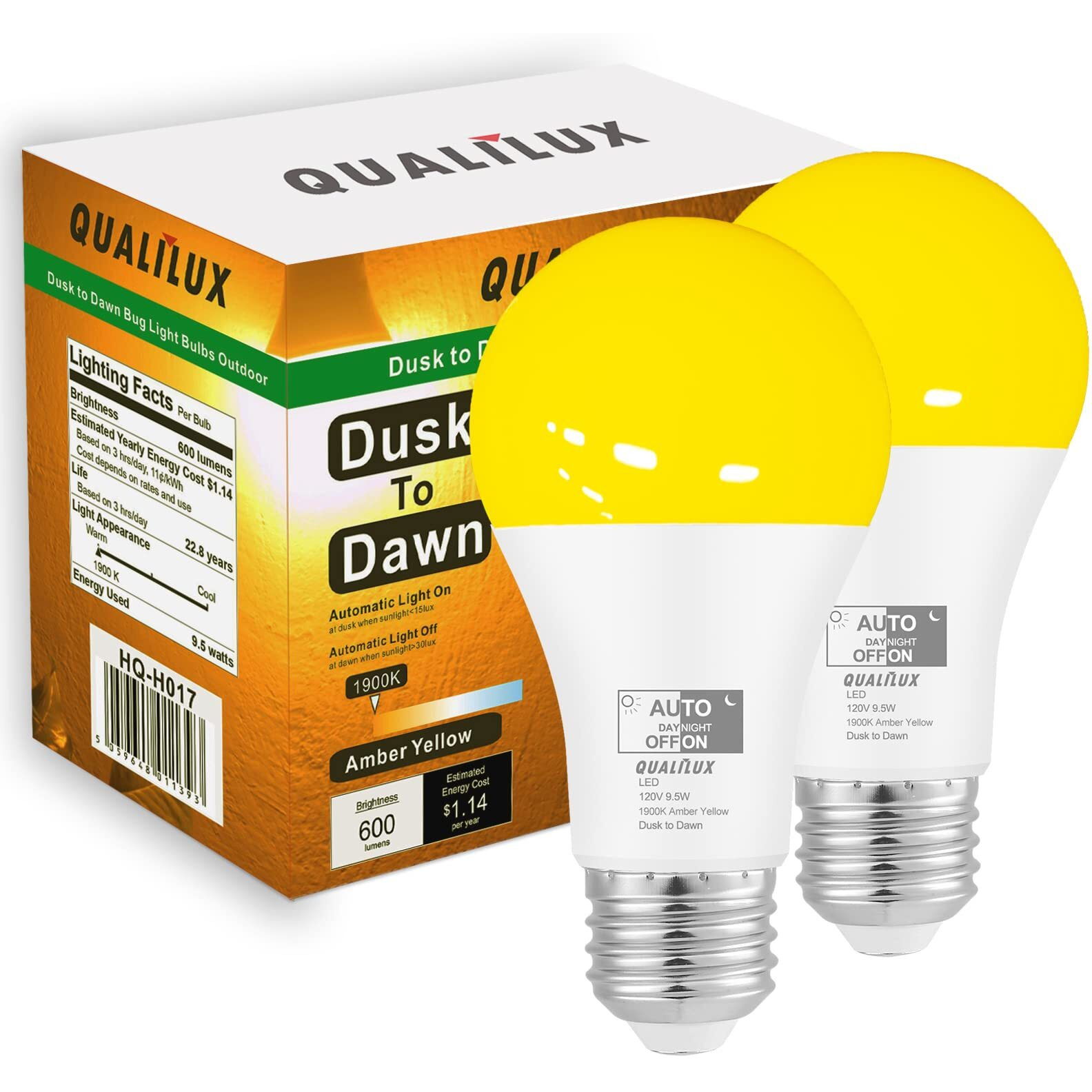 Qualilux Dusk To Dawn Bug Light Bulbs Outdoor  1900K Amber Yellow  600 Lumen  Led 9.5W  A19 E26  2-Pack  Hq-H017