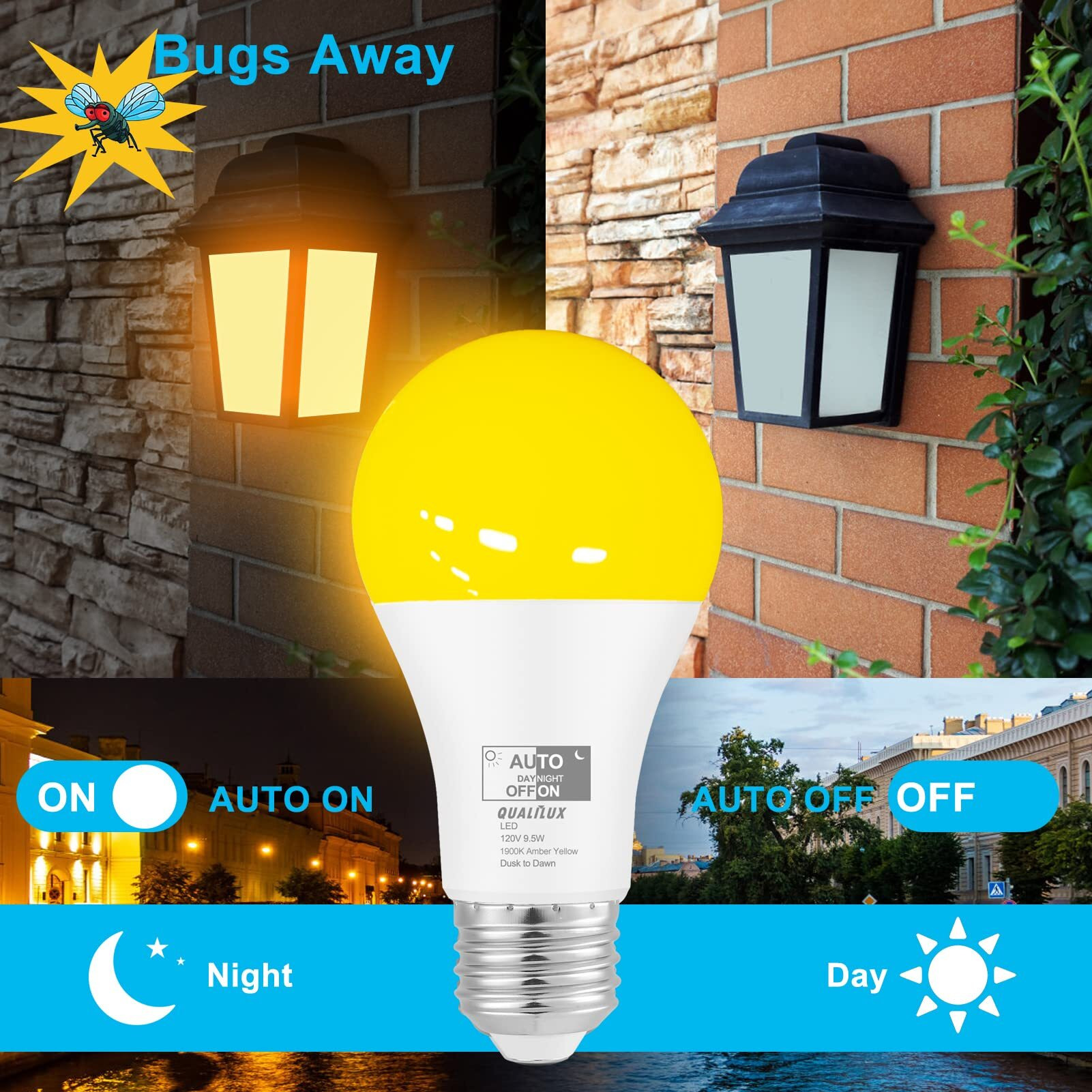 Qualilux Dusk To Dawn Bug Light Bulbs Outdoor  1900K Amber Yellow  600 Lumen  Led 9.5W  A19 E26  2-Pack  Hq-H017