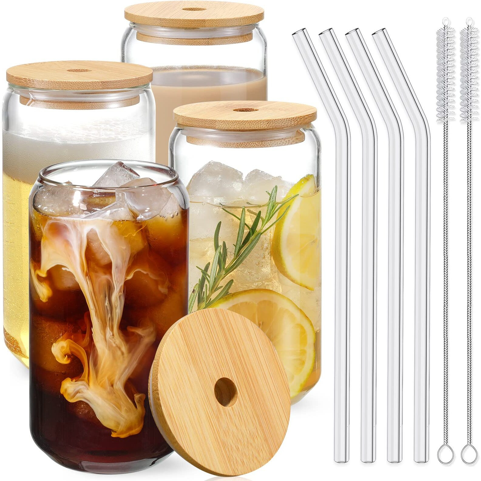 Drinking Glasses With Bamboo Lids And Glass Straw 4Pcs Set - 16Oz Can Shaped Cups  Beer Glasses  Iced Coffee Cute Tumbler Cup  Ideal For Cocktail  Whiskey  Gift 2 Cleaning Brushes