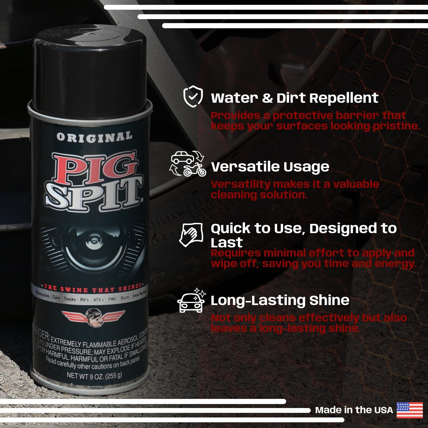 Pig Spit Original For Use On Motors  Transmissions  Vinyl And Black Plastic Trim Components And Tires | 9 Oz. | Single