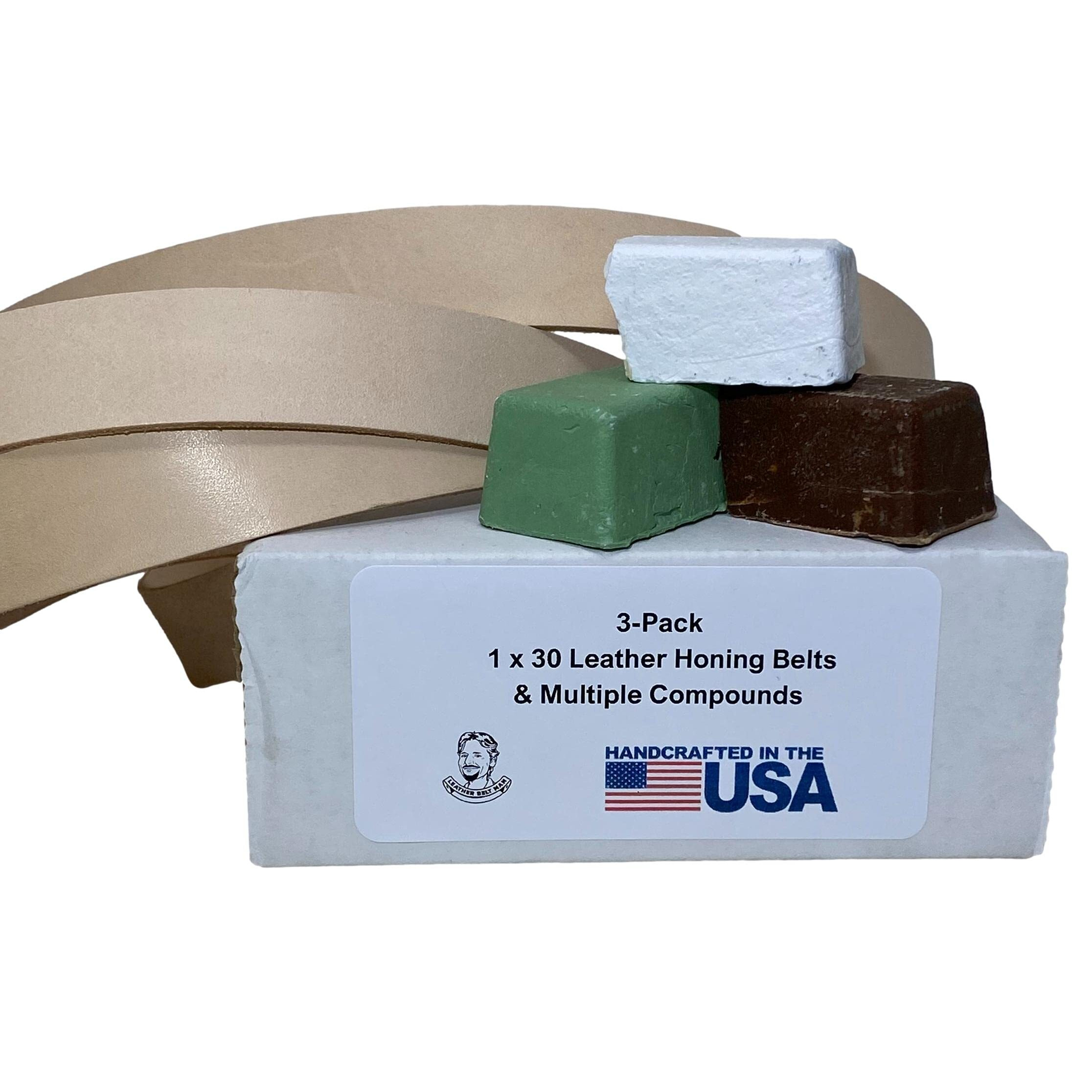 3 Pack Of 1"" X 30"" Leather Stropping Belts - Green  White  And Brown Compounds Included