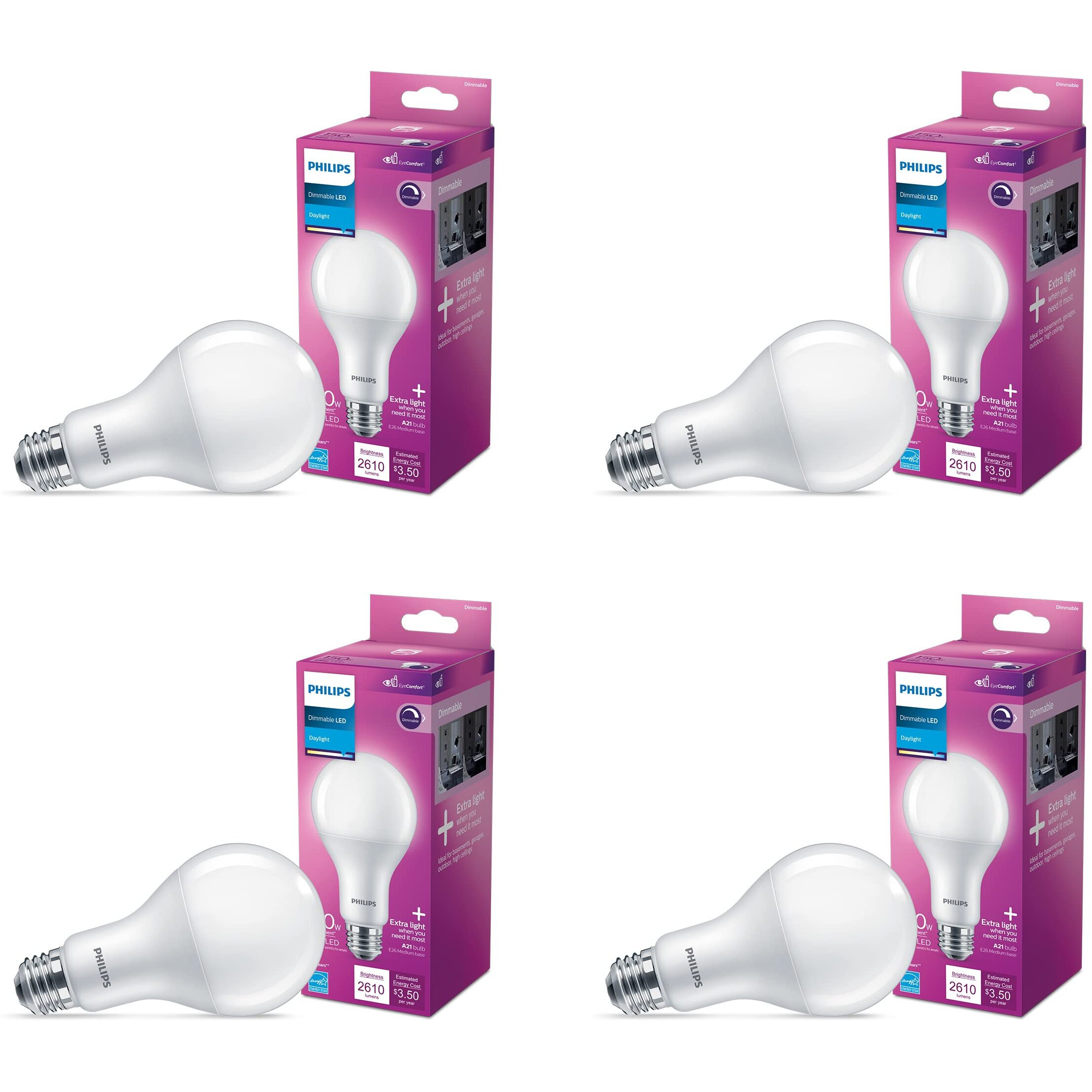 Philips Led Basic Frosted Dimmable A21 Light Bulb - Eyecomfort Technology - 2610 Lumen - Daylight (5000K) - 29W150W - E26 Base - Indoor - 4-Pack