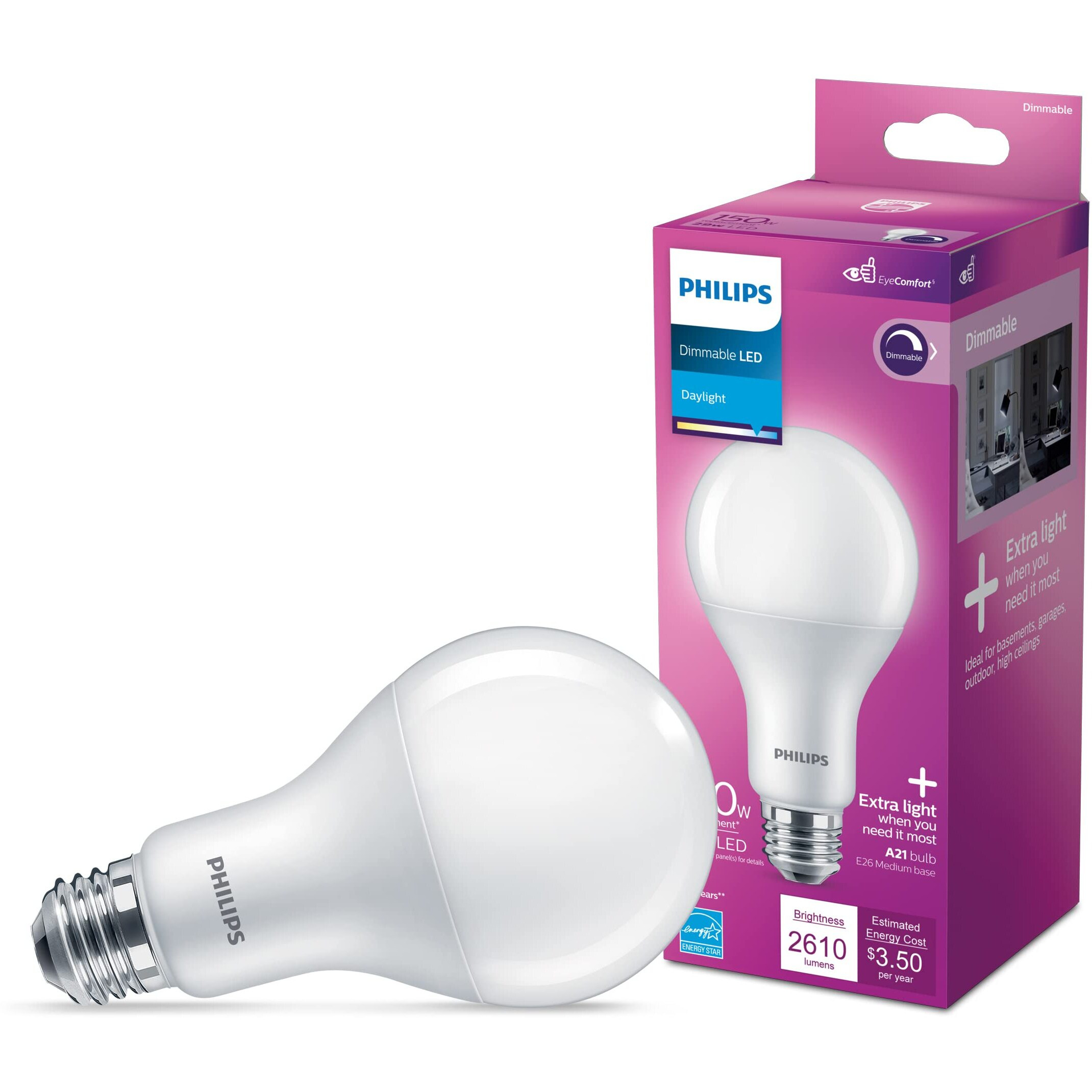 Philips Led Basic Frosted Dimmable A21 Light Bulb - Eyecomfort Technology - 2610 Lumen - Daylight (5000K) - 29W150W - E26 Base - Indoor - 4-Pack