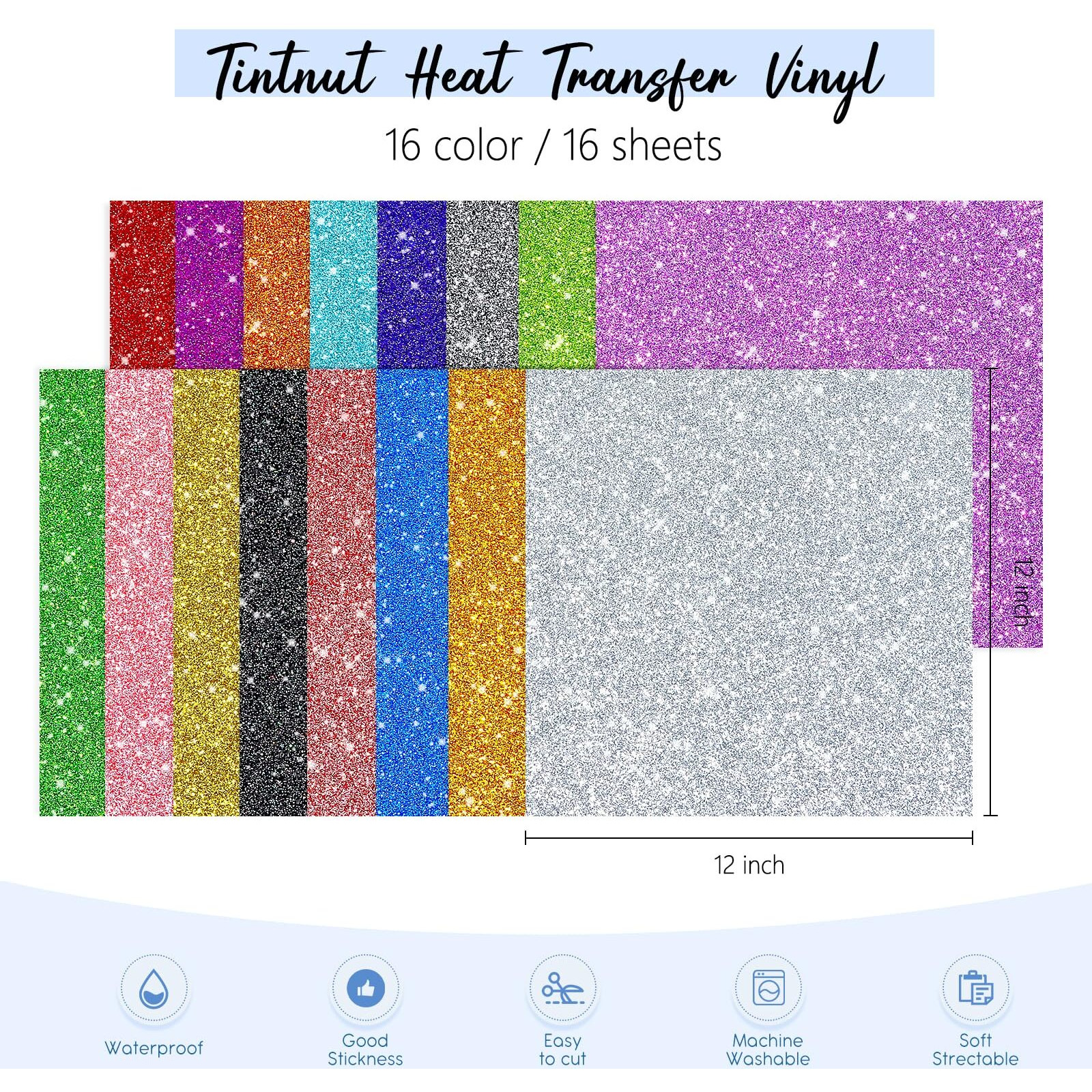Tintnut Glitter Htv Heat Transfer Vinyl - 16 Sheets 12"&quotX12"" Colorful Glitter Heat Transfer Vinyl Shinny Glitter Iron On Vinyl For T-Shirts Glitter Htv Compatible With Cricut Or Sillhoutte Cameo