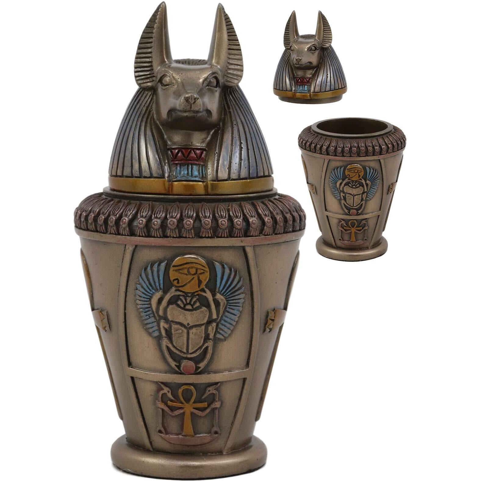 Ebros Ancient Egyptian Gods And Deities Duamutef Canopic Jar Statue 5.75"" H Four Sons Of Horus With Winged Scarab And Ankh Base Figurine Storage Box Kingdom Egypt Collectible Decor Sculpture Replica