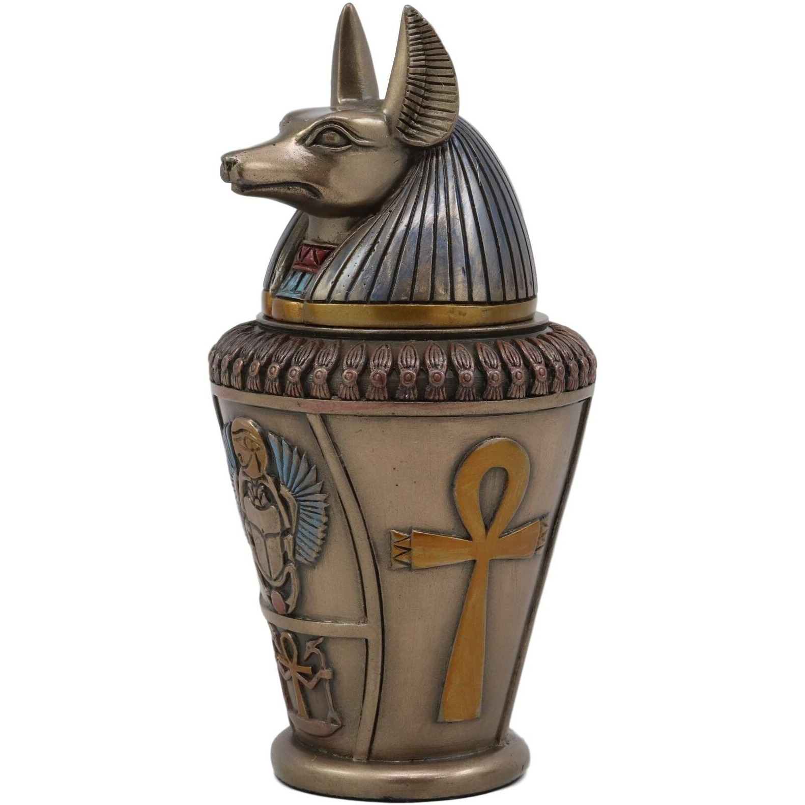 Ebros Ancient Egyptian Gods And Deities Duamutef Canopic Jar Statue 5.75"" H Four Sons Of Horus With Winged Scarab And Ankh Base Figurine Storage Box Kingdom Egypt Collectible Decor Sculpture Replica