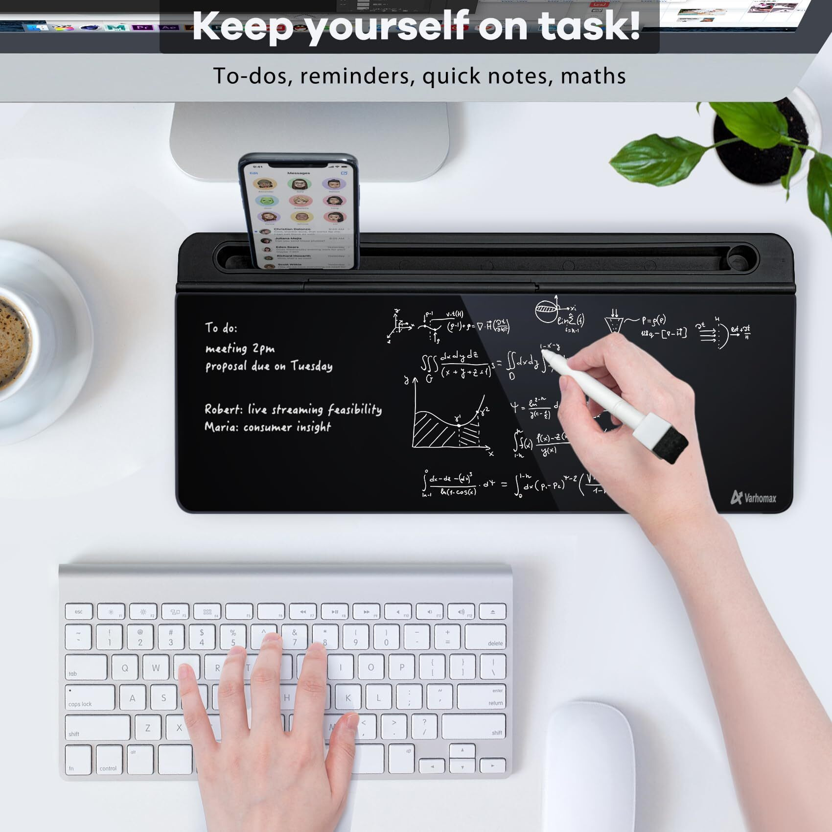 Varhomax Glass Desk Whiteboard With Storage  Desk Buddy To-Do List Memo Desktop Dry Erase White Board Keyboard Stand Desk Organizers For Home Office And School Supplies (Black)