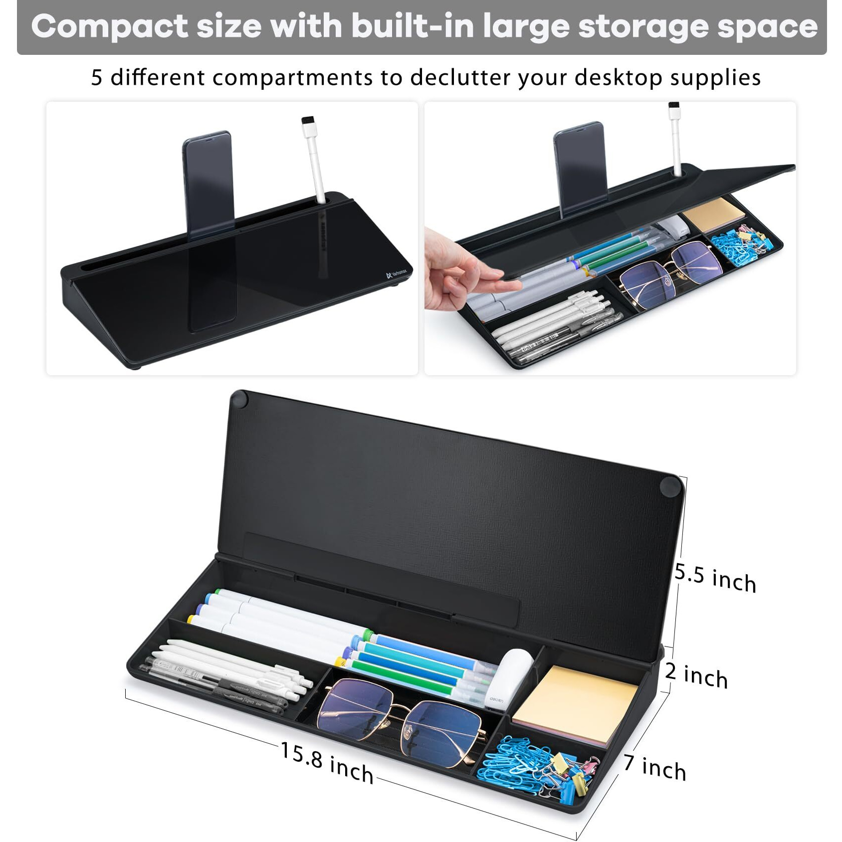 Varhomax Glass Desk Whiteboard With Storage  Desk Buddy To-Do List Memo Desktop Dry Erase White Board Keyboard Stand Desk Organizers For Home Office And School Supplies (Black)