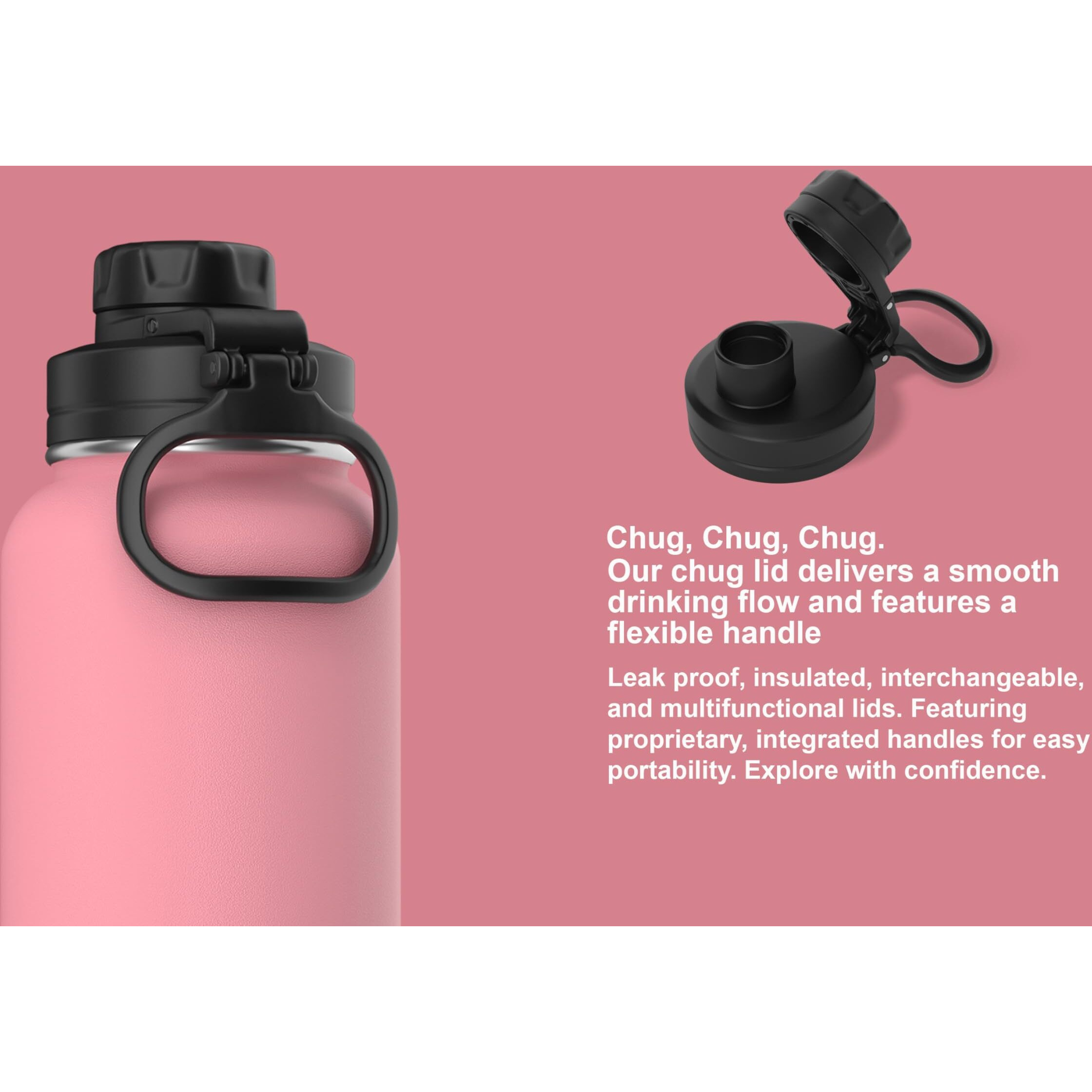 Hydrapeak Chug Lid With Flexible Handle - Fits All Wide Mouth Insulated Water Bottles  Leak Proof And Spill Proof Bottle Cap (Black)