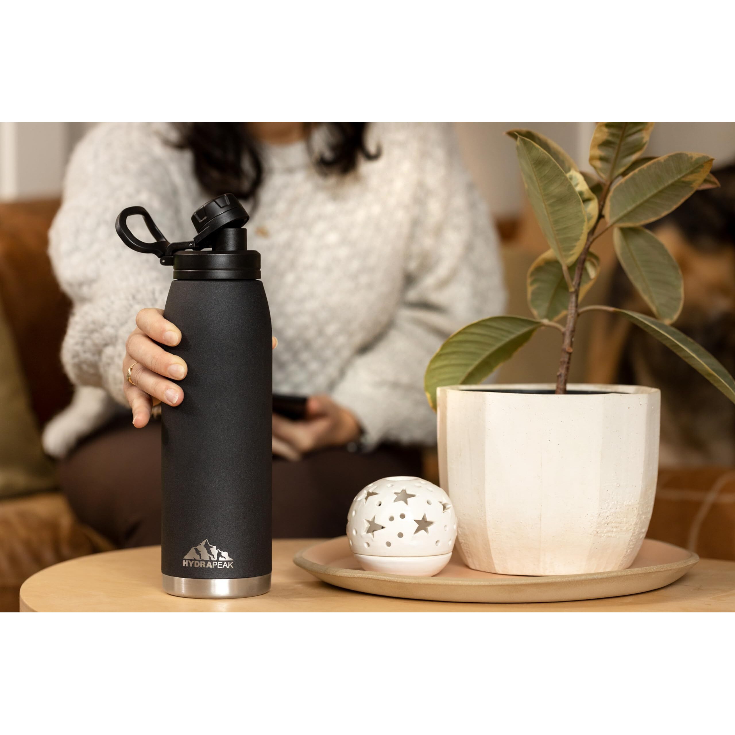 Hydrapeak Chug Lid With Flexible Handle - Fits All Wide Mouth Insulated Water Bottles  Leak Proof And Spill Proof Bottle Cap (Black)