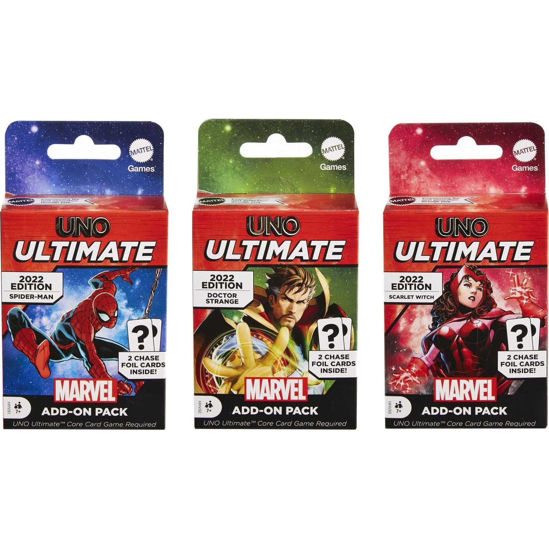 Mattel Games Uno Ultimate Marvel Add-On 3-Pack Set With Collectible Character Deck & 2 Foil Cards  Includes Spider-Man  Dr. Strange And Scarlet Witch