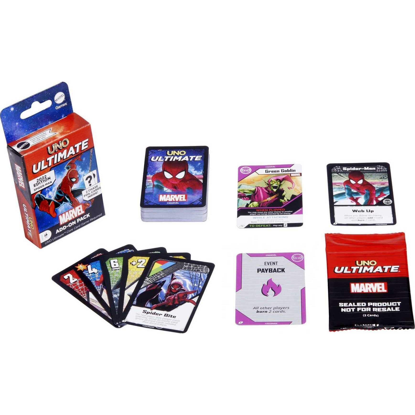 Mattel Games Uno Ultimate Marvel Add-On 3-Pack Set With Collectible Character Deck & 2 Foil Cards  Includes Spider-Man  Dr. Strange And Scarlet Witch