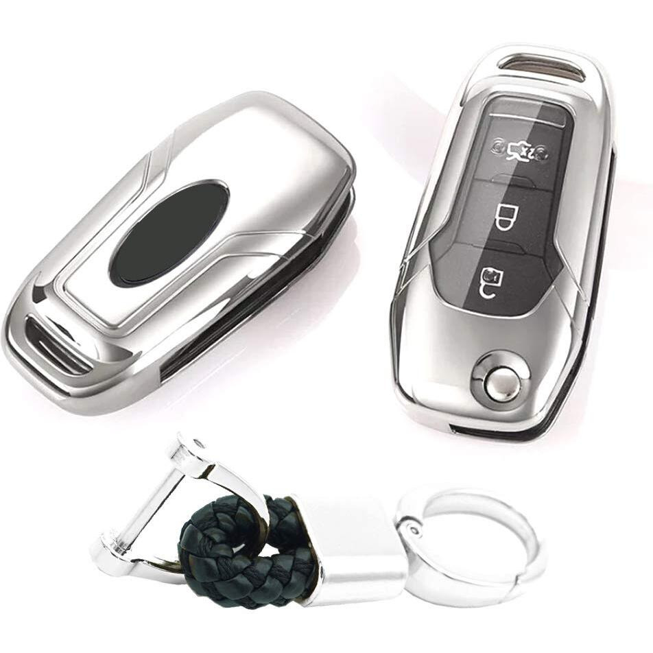 Royalfox(Tm 2 3 Buttons Soft Tpu Flip Remote Key Fob Case Cover For 2015 2016 2017 2018 2019 Ford F150 F250 Focus 3 Escort Kuga Everest Fiesta Mustang Edge Mkv Fusion 2016 Ranger (Silver)