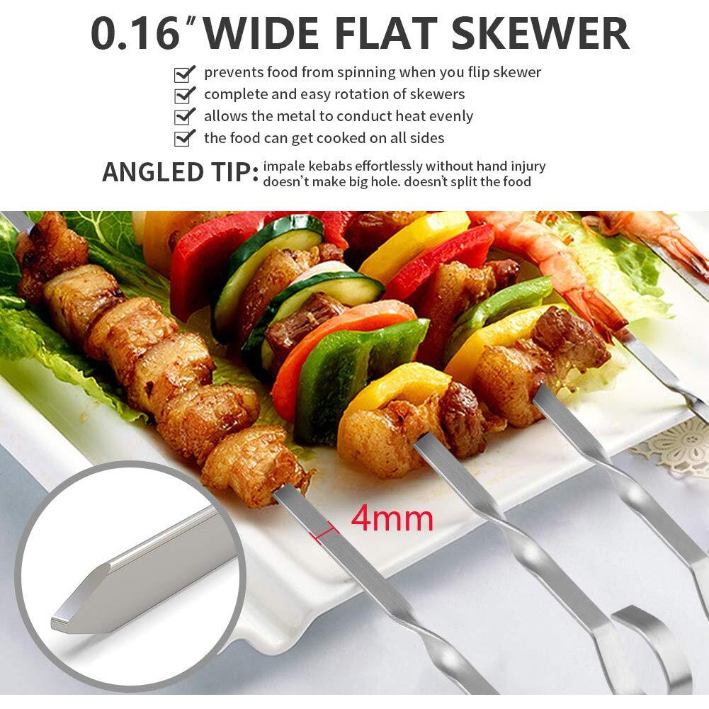 Skewers For Kabobs  12"" Metal Kebab Skewers For Grilling Flat Long Stainless Steel Kabob Skewers Sticks  Reusable Grill Shish Bbq Barbecue Skewers For Meat Chicken Vegetable Shrimp  12 Pack