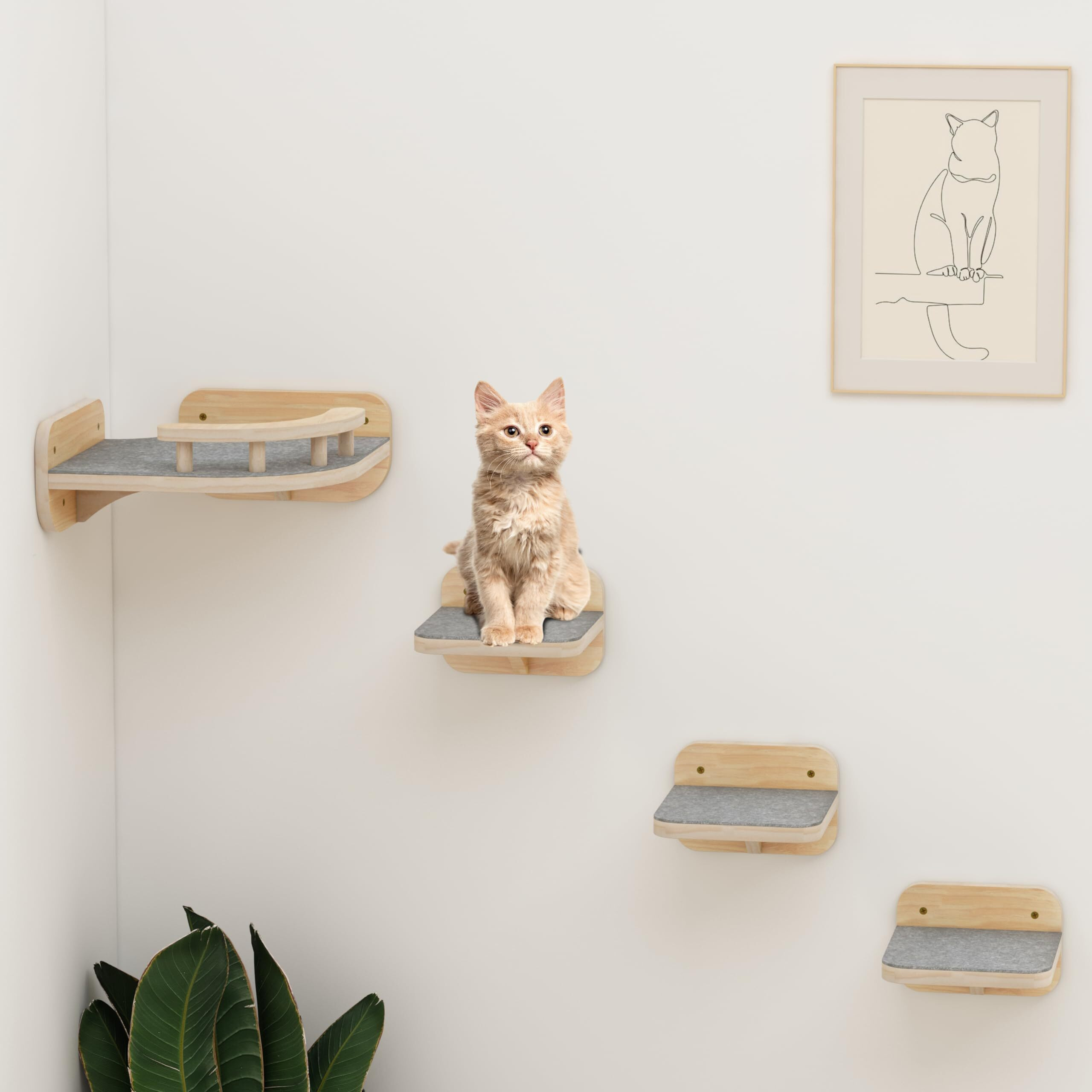 Megidok Cat Wall Furniture Corner Climbing Shelf Perches  Cat Bed Wall Mounted With 3 Wide Steps Modern Floating Stairs For Wall Indoor Cats Up To 13 Lbs Gift For Cat - Wood Color