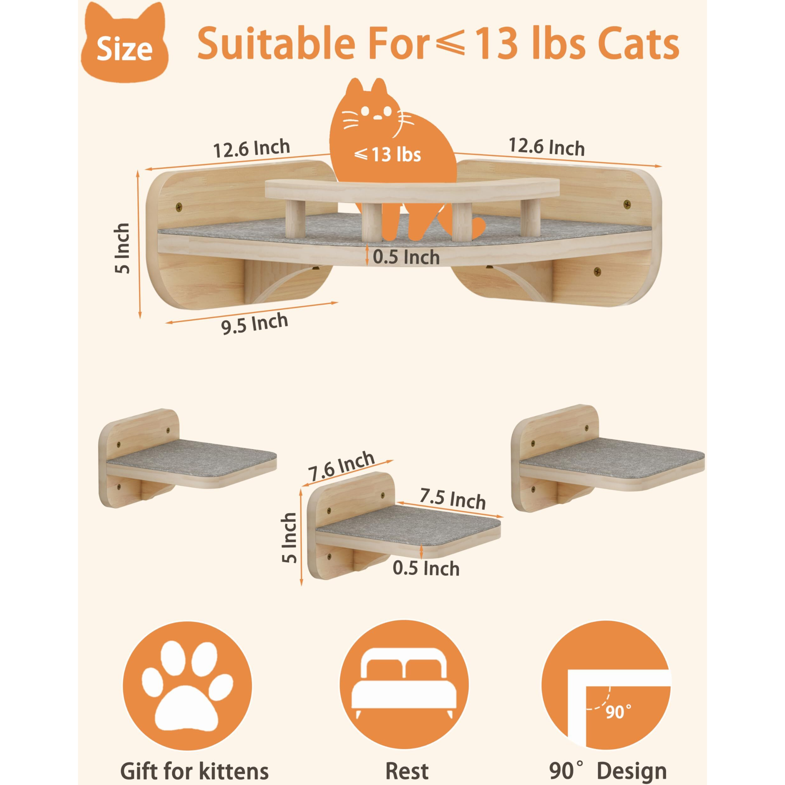 Megidok Cat Wall Furniture Corner Climbing Shelf Perches  Cat Bed Wall Mounted With 3 Wide Steps Modern Floating Stairs For Wall Indoor Cats Up To 13 Lbs Gift For Cat - Wood Color