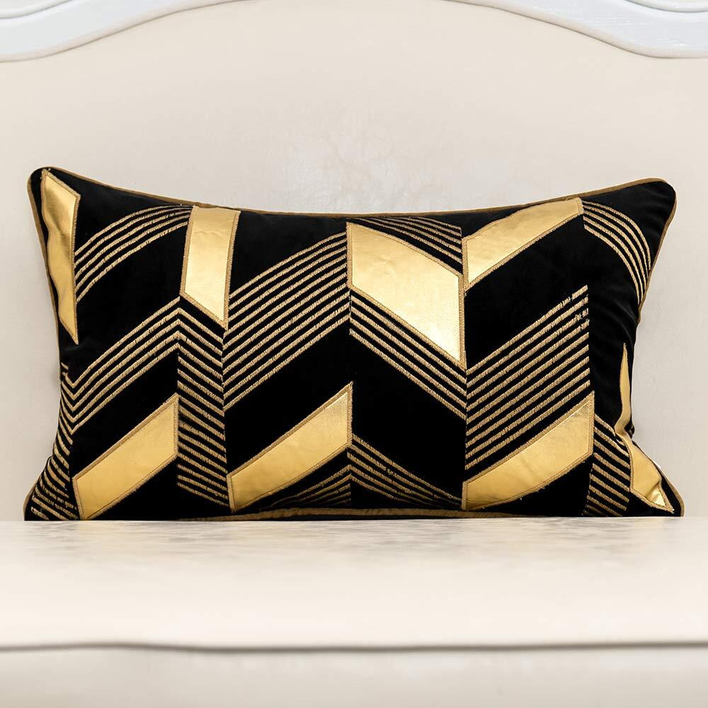 Alerfa 12 X 20 Inches Black Geometric Gold Leather Striped Cushion Cases Embroidery Modern Throw Pillow Covers Decorative Pillows For Couch Living Room Bedroom Car 30 X 50Cm