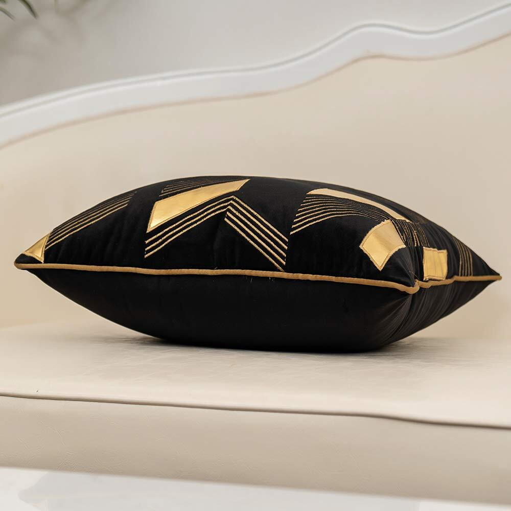 Alerfa 12 X 20 Inches Black Geometric Gold Leather Striped Cushion Cases Embroidery Modern Throw Pillow Covers Decorative Pillows For Couch Living Room Bedroom Car 30 X 50Cm