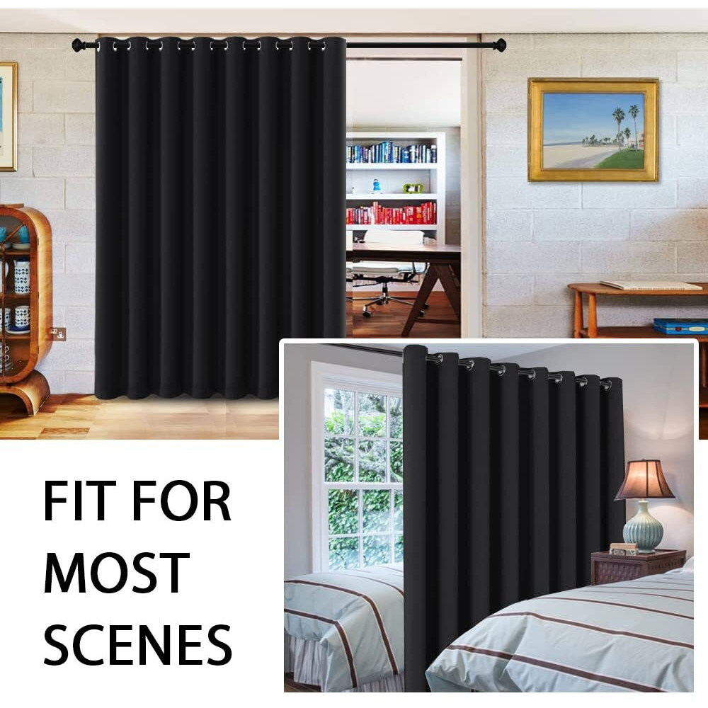 H.Versailtex 100% Blackout Curtains For Sliding Glass Door Room Divider Curtains Noise Reduce Curtain Panel Portable Window Screen Sliding Partition  W120 X L96 Inches/8' Tall By 10' Wide  Black