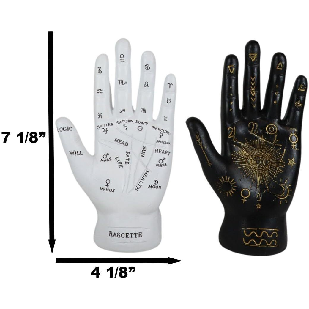 Ebros Gift Ancient Mystical Psychic Fortune Teller Chirology Palmistry Hand Palm With Lines And Symbols Figurine Decor Witchcraft Spiritual Divinity Statue For Palmists Readers (Black And White Set)