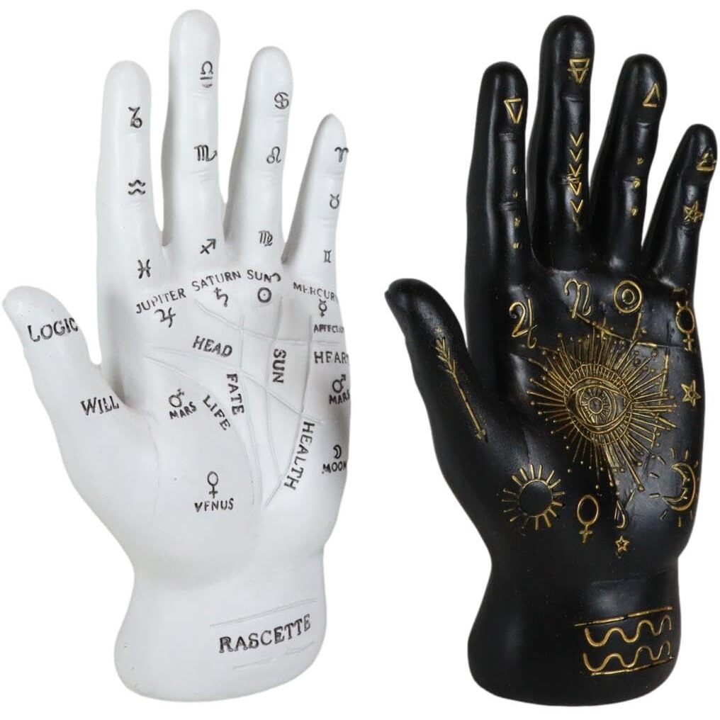 Ebros Gift Ancient Mystical Psychic Fortune Teller Chirology Palmistry Hand Palm With Lines And Symbols Figurine Decor Witchcraft Spiritual Divinity Statue For Palmists Readers (Black And White Set)