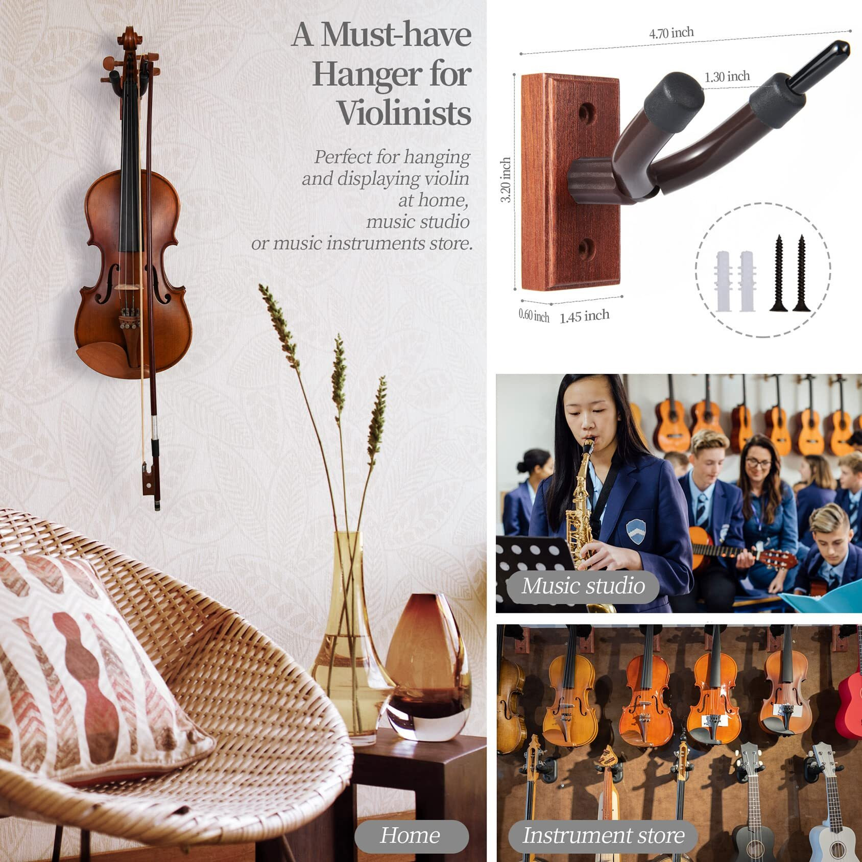 Violin Wall Mount Violin Hanger - Mahogany Wood Violin Viola Hanger