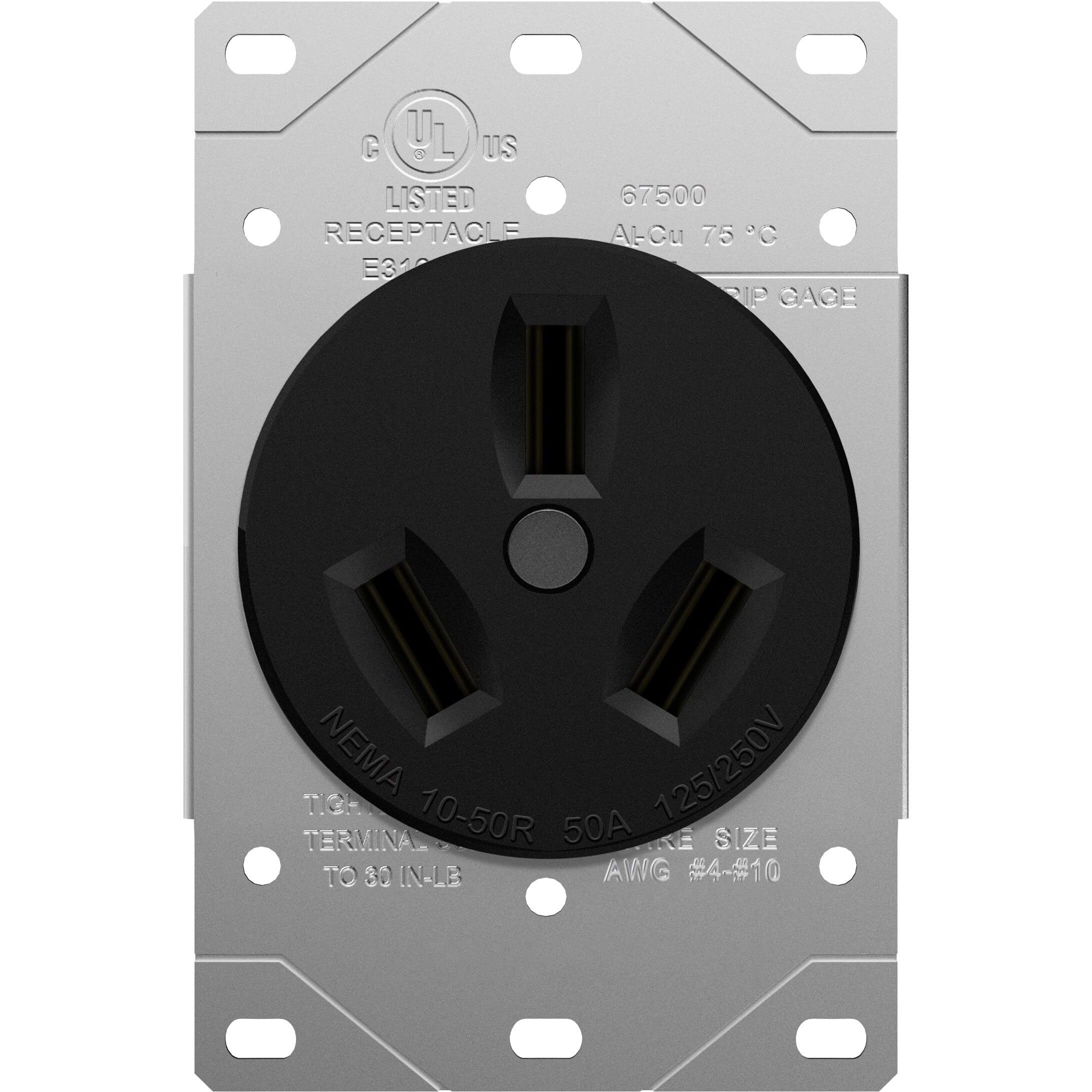 Enerlites 50 Amp Receptacle Outlet  Nema 10-50R  Residential Commercial Industrial Grade  Outdoor/Indoor  3-Pole  3 Wire  No Ground Contact  (10 8 6 4) Awg  Ul Listed  125/250V  67500-Bk  Black