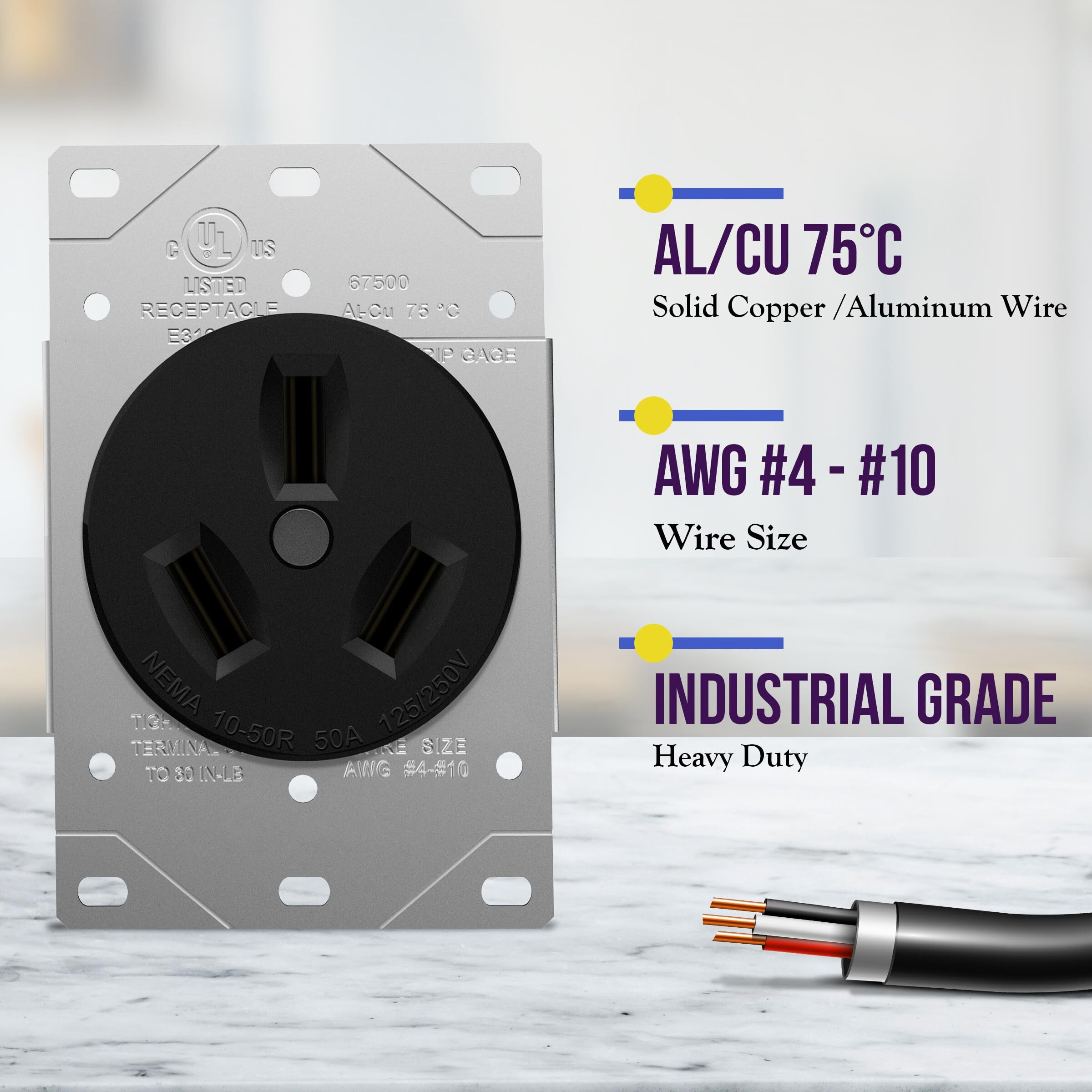 Enerlites 50 Amp Receptacle Outlet  Nema 10-50R  Residential Commercial Industrial Grade  Outdoor/Indoor  3-Pole  3 Wire  No Ground Contact  (10 8 6 4) Awg  Ul Listed  125/250V  67500-Bk  Black