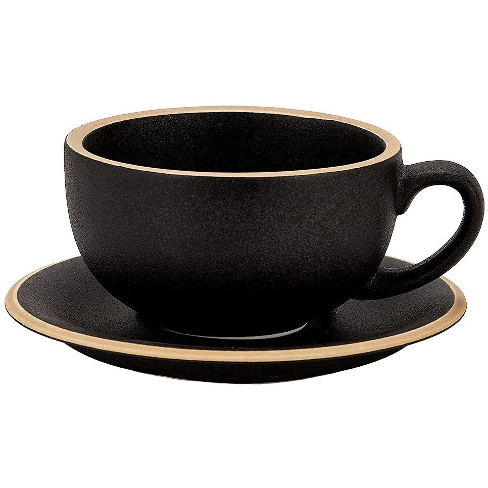 Coffeezone Vintage Design 12 Oz Ceramic Latte Art Cappuccino Barista Cup With Saucer (Rough Black)
