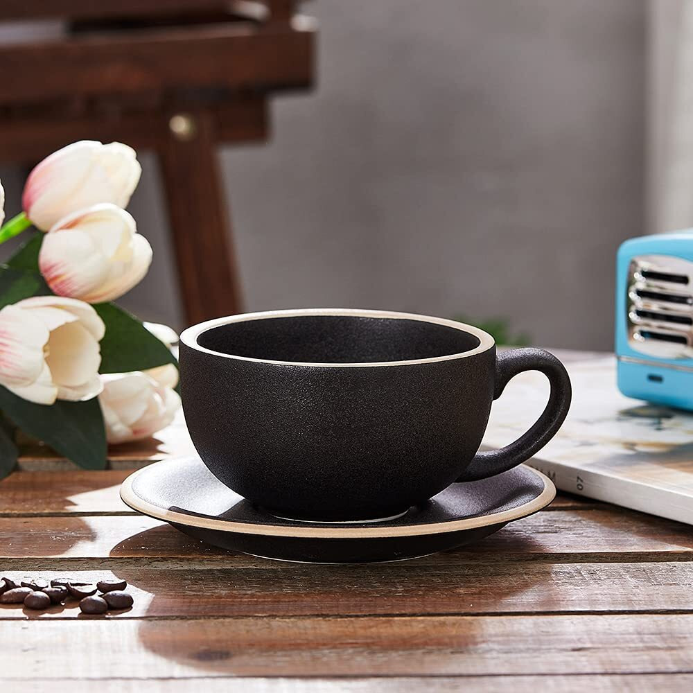 Coffeezone Vintage Design 12 Oz Ceramic Latte Art Cappuccino Barista Cup With Saucer (Rough Black)