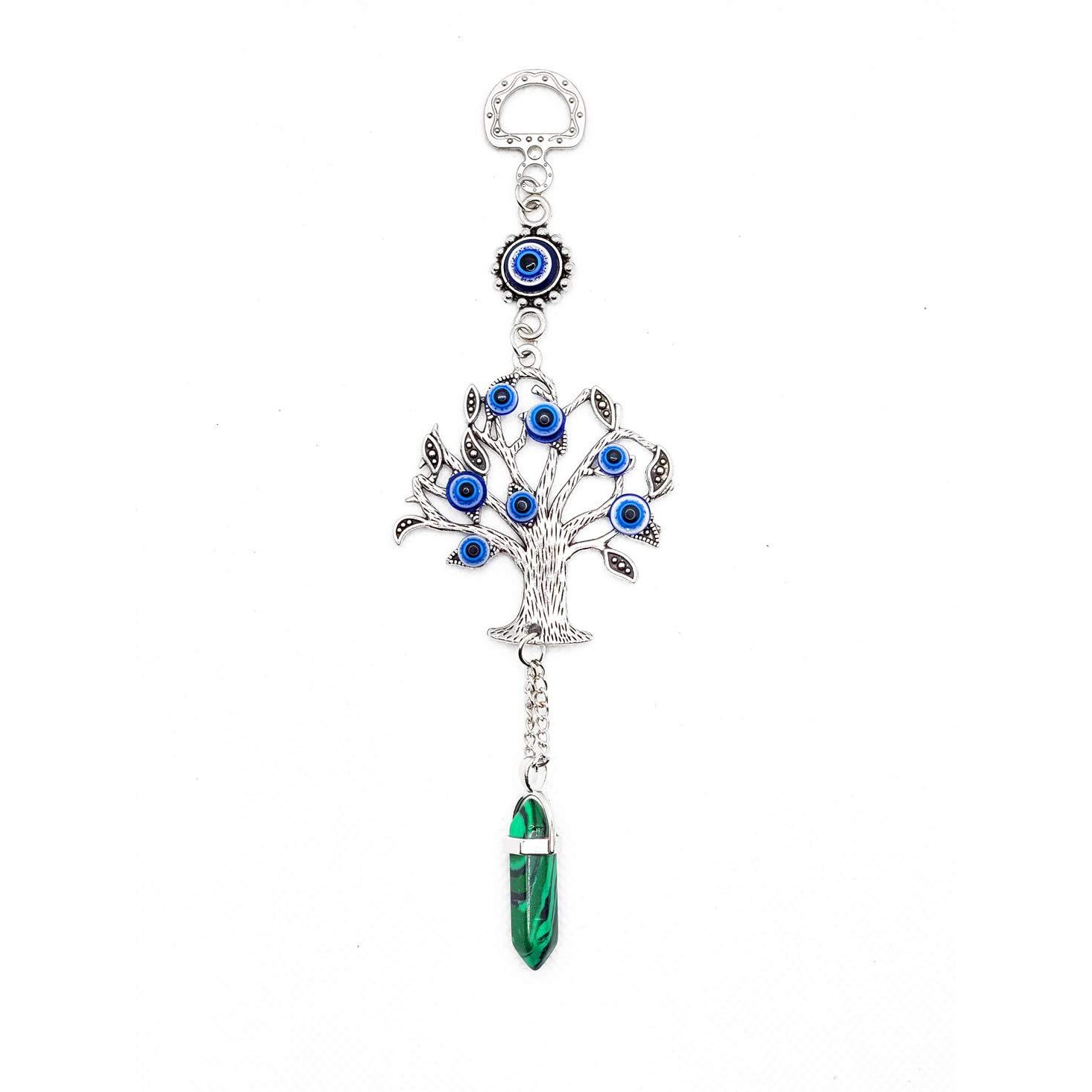 Luckboostium Silver Tree Of Life Amulet W/Blue Evil Eye & Crystal Gemstone - Charm For Growth  Strength  Protection  Home Hanging Decor  Car Rear View Mirror Accessories  2.2"&quotX7""  Malachite