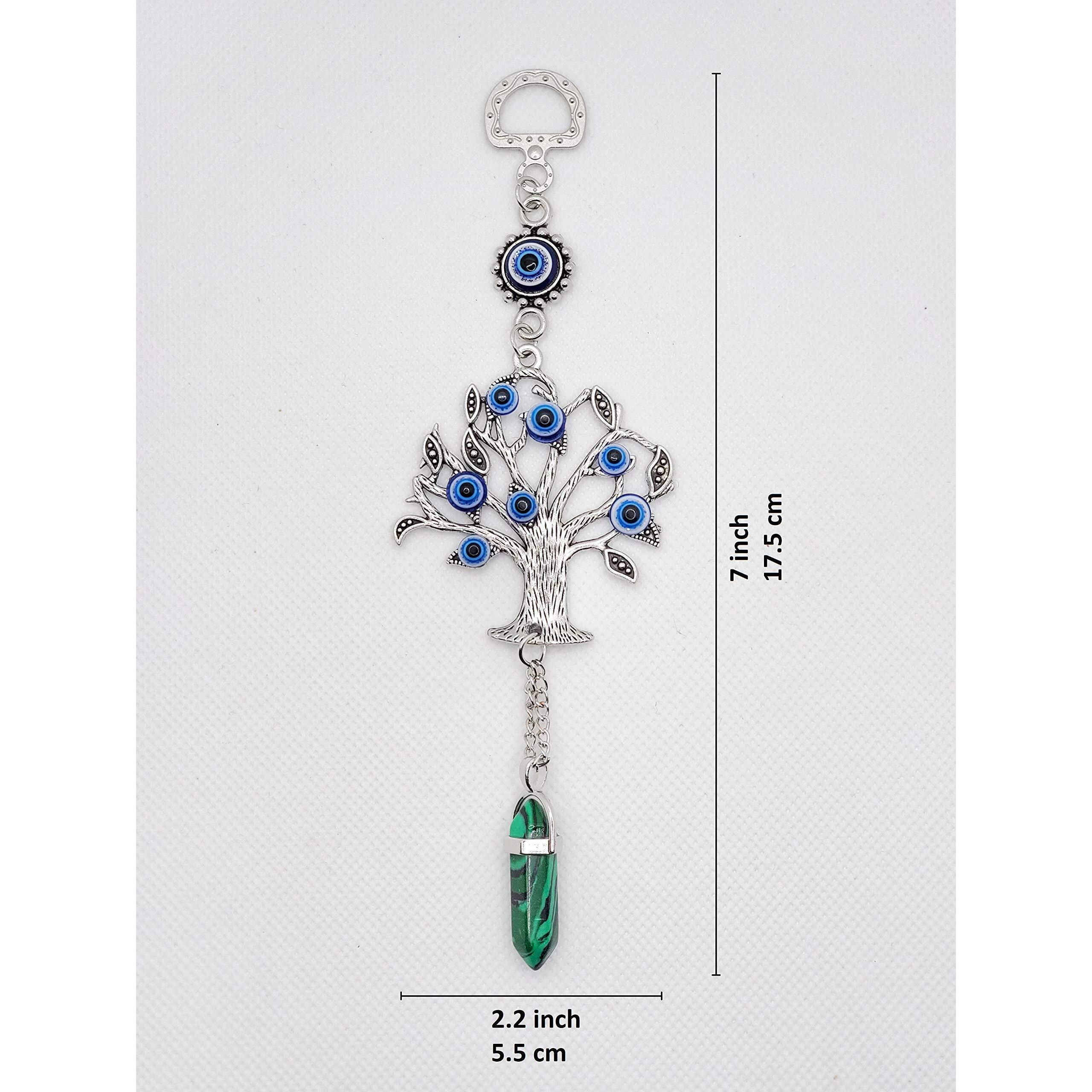 Luckboostium Silver Tree Of Life Amulet W/Blue Evil Eye & Crystal Gemstone - Charm For Growth  Strength  Protection  Home Hanging Decor  Car Rear View Mirror Accessories  2.2"&quotX7""  Malachite
