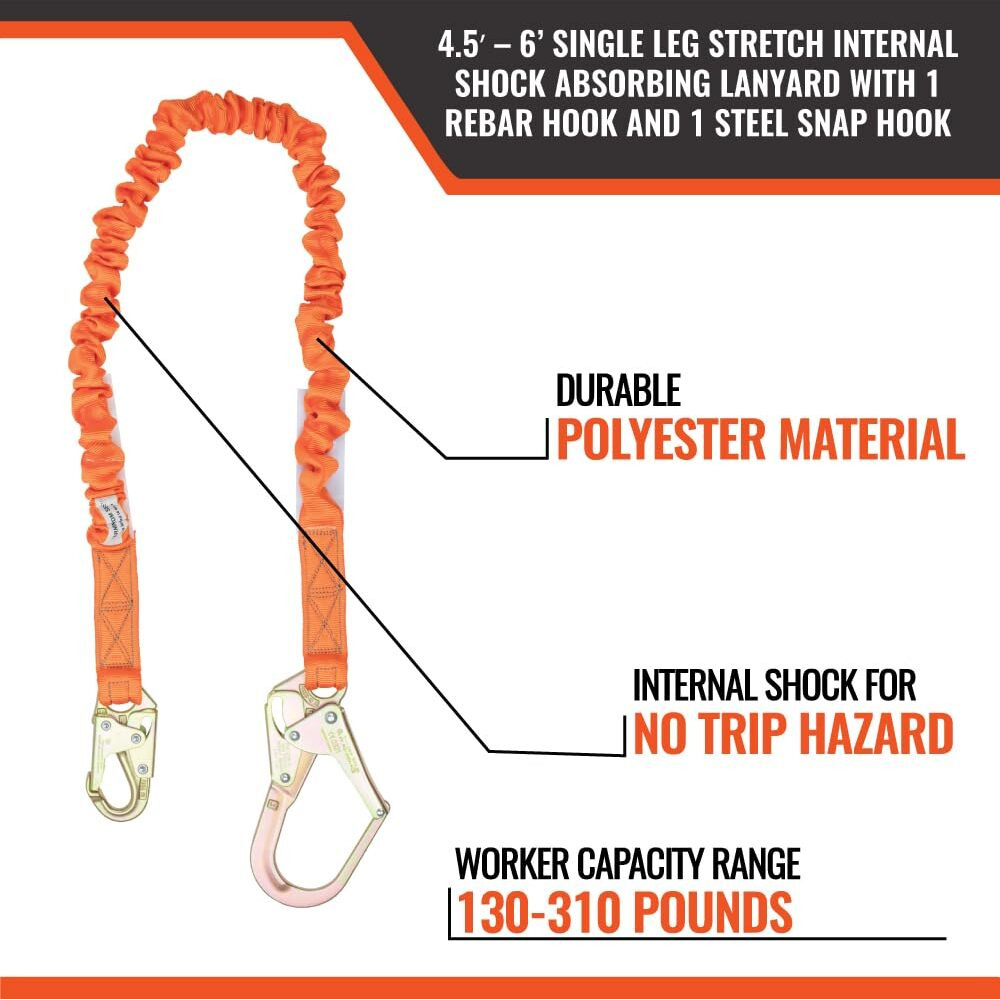 Malta Dynamics 6' Single Leg Stretch Internal Shock Absorbing Lanyard With 1 Rebar Hook And 1 Steel Snap Hook  Osha/Ansi Compliant