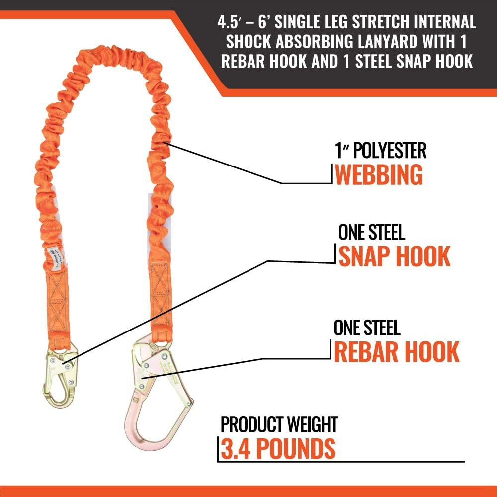 Malta Dynamics 6' Single Leg Stretch Internal Shock Absorbing Lanyard With 1 Rebar Hook And 1 Steel Snap Hook  Osha/Ansi Compliant