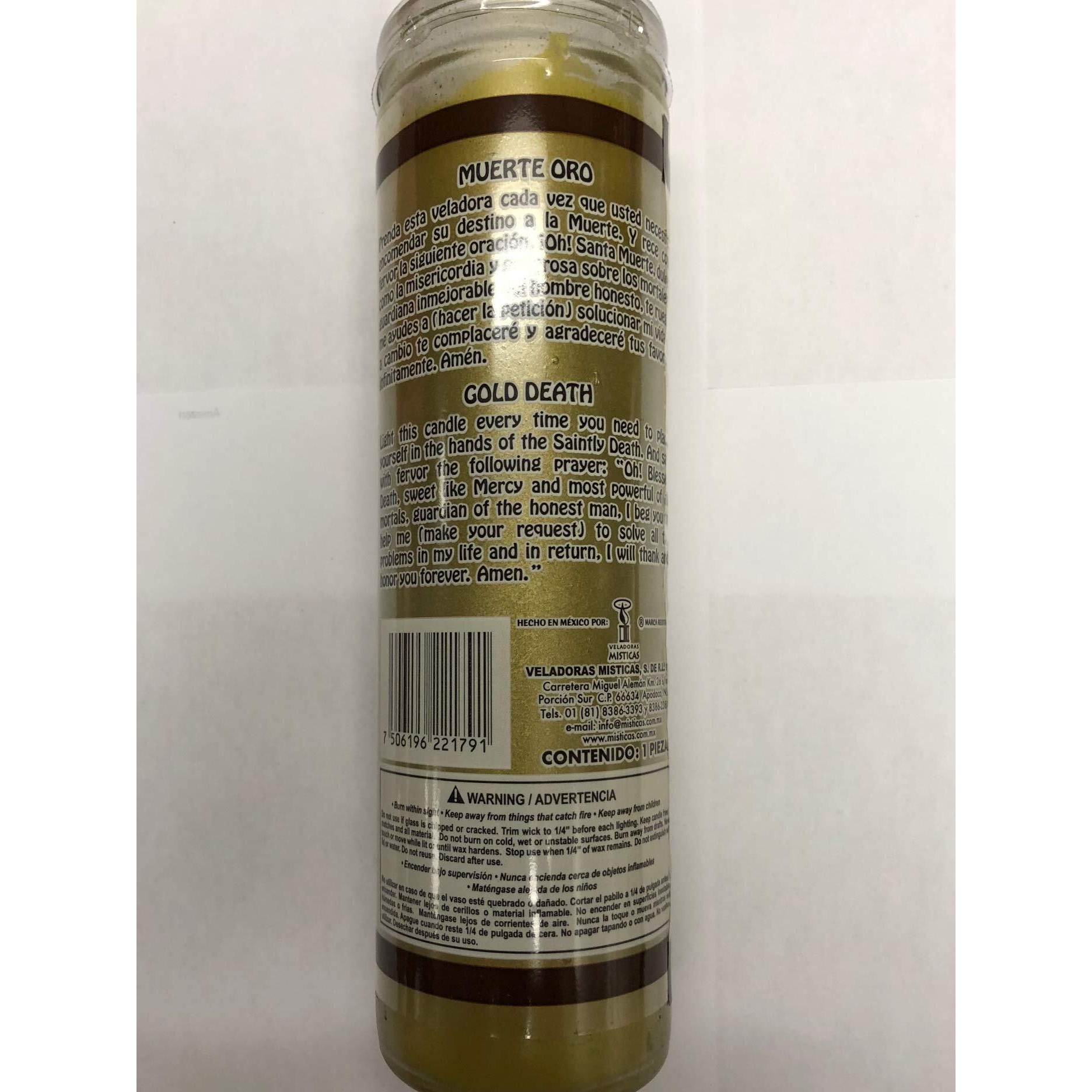 Saintly Death Gold (Santa Muerte Oro) 7 Day Prepared Scented Candle In Glass