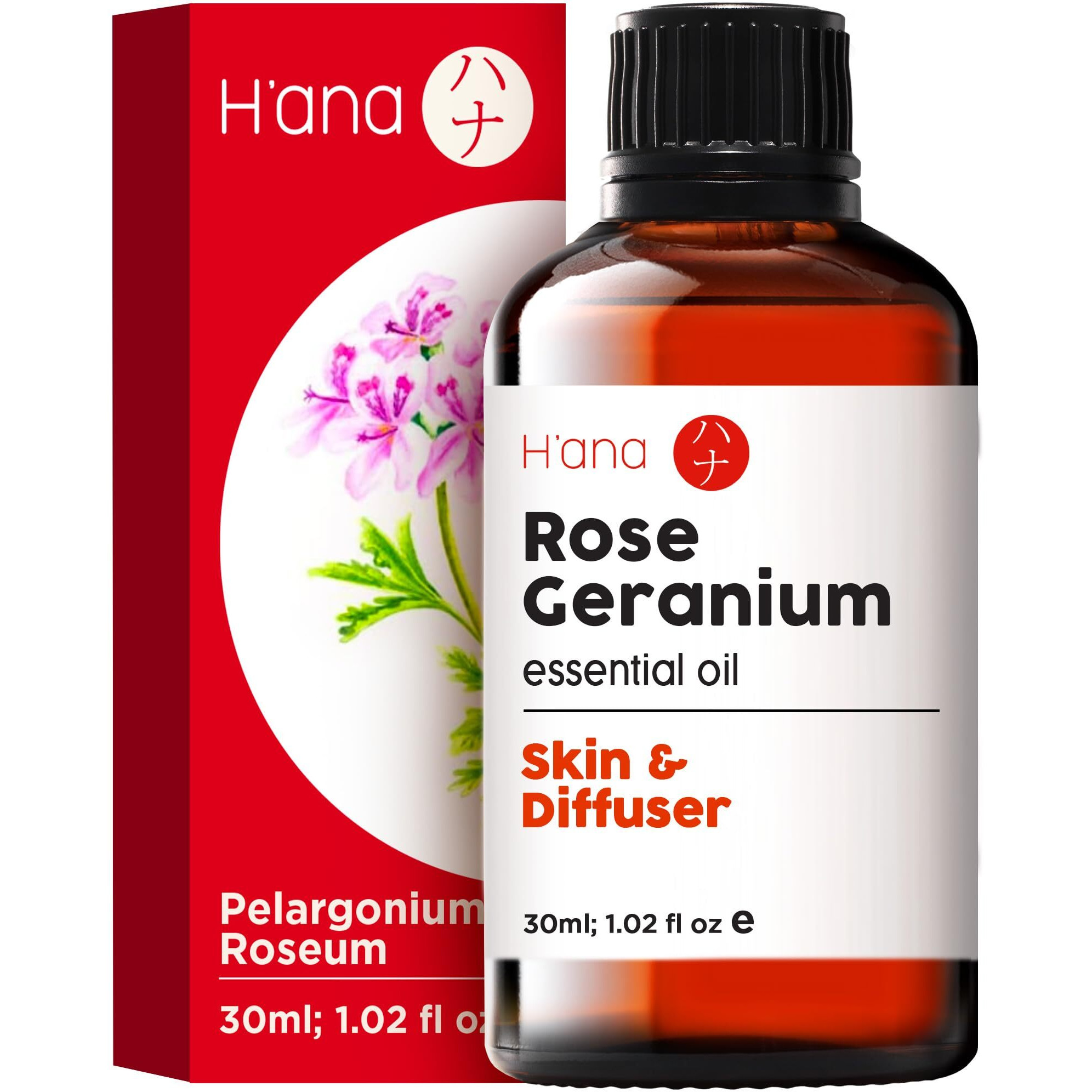 Hana Rose Geranium Essential Oil For Skin - 100% Natural Geranium Oil For Diffuser - Rose Geranium Essential Oil For Aromatherapy (1 Fl Oz)