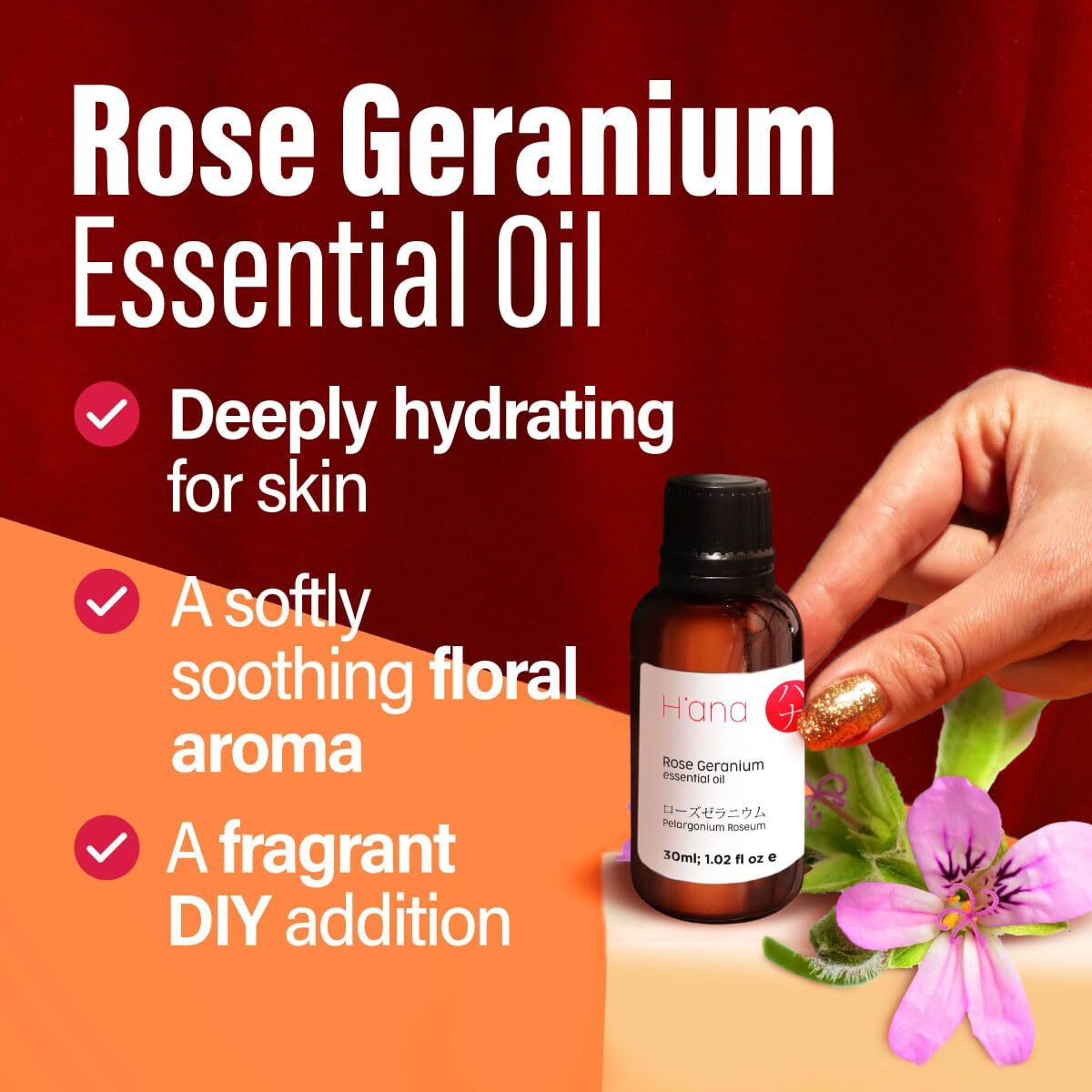 Hana Rose Geranium Essential Oil For Skin - 100% Natural Geranium Oil For Diffuser - Rose Geranium Essential Oil For Aromatherapy (1 Fl Oz)