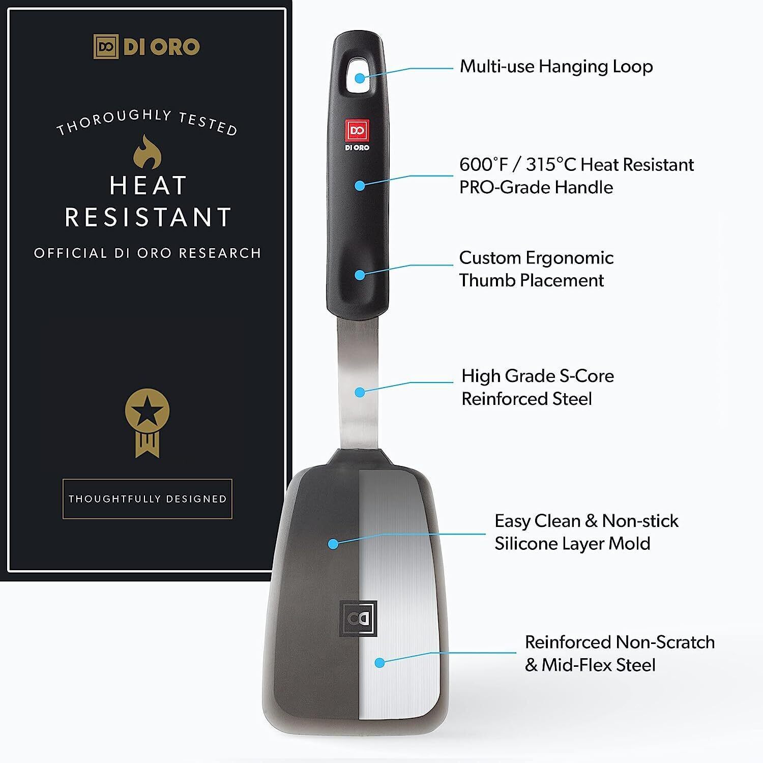 Di Oro Silicone Turner Spatula - Kitchen Spatulas For Nonstick Cookware - Flexible & Thin Cooking Turner For Flipping Pancakes & Eggs - 600F High Heat-Resistant & Bpa Free - Dishwasher Safe (Black)