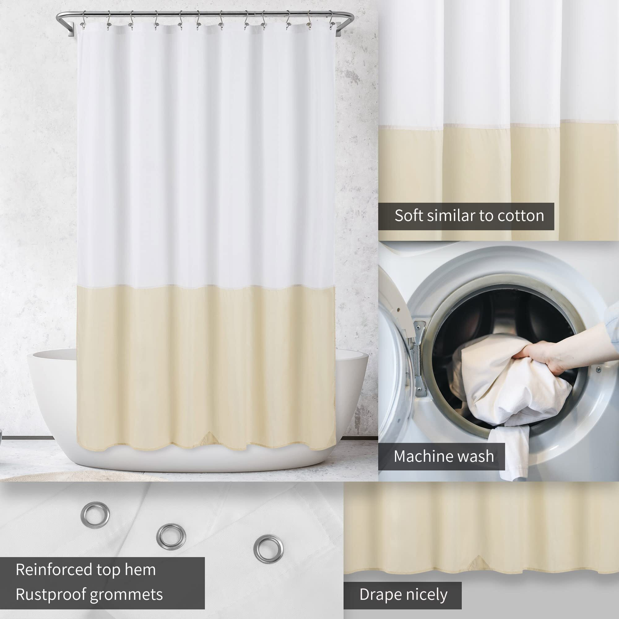 Alyvia Spring Waterproof Fabric Shower Curtain Liner - Soft & Light-Weight Cloth Shower Liner  3 Bottom Magnets  Hotel Quality & Machine Washable - Standard Size 72X72  White And Cream